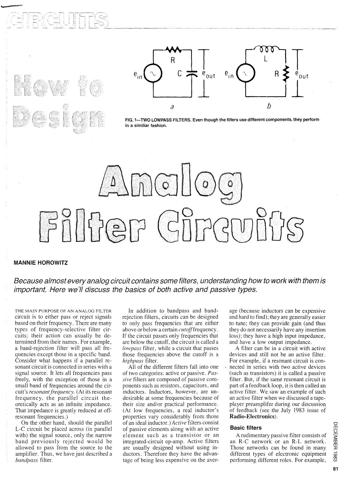 How To Design Analog Filter Circuits by Mannie Horowitz