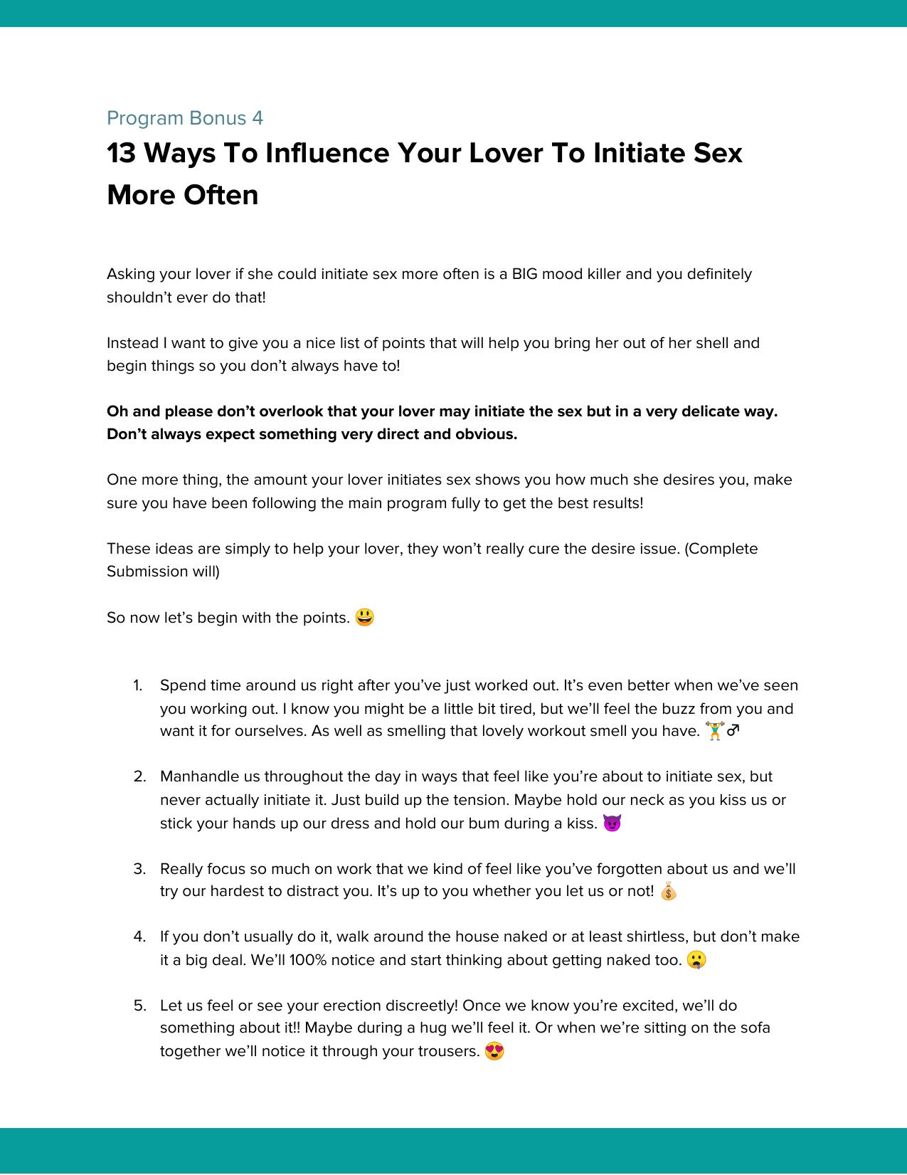 How To Influence Your Lover To Initiate Sex More Often (Bonus 4) by Unknown