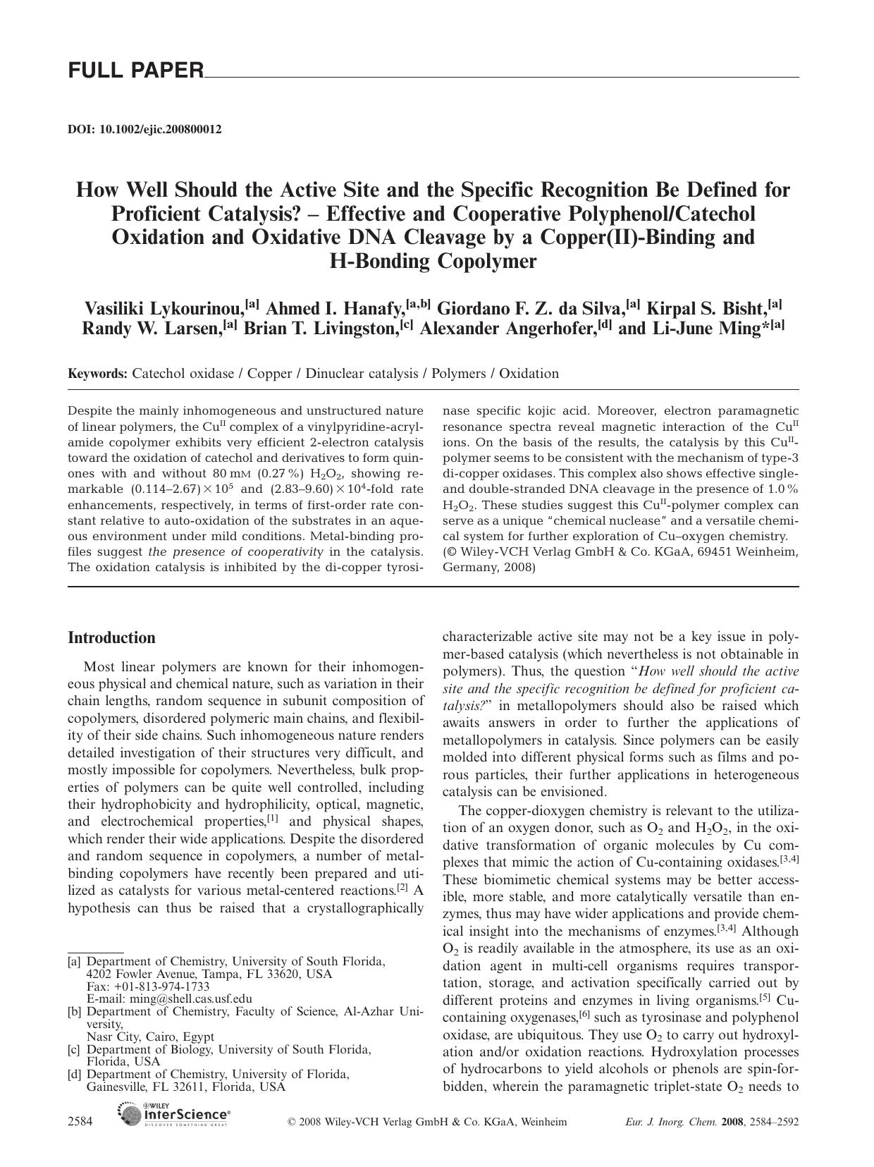 How Well Should the Active Site and the Specific Recognition Be Defined for Proficient Catalysis? - Effective and Cooperative PolyphenolCatechol Oxidation and Oxidative DNA Cleavag by Unknown