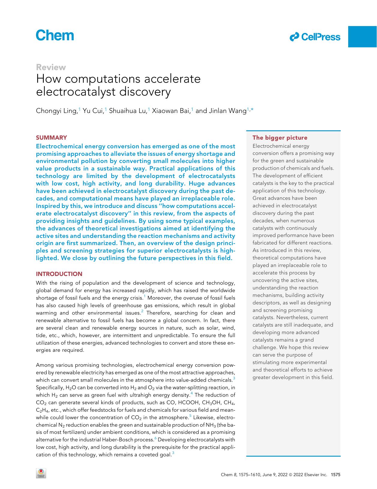 How computations accelerate electrocatalyst discovery by Chongyi Ling & Yu Cui & Shuaihua Lu & Xiaowan Bai & Jinlan Wang