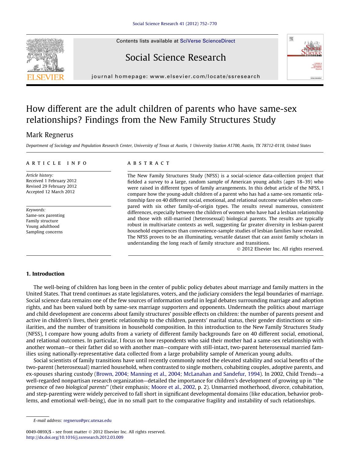 How different are the adult children of parents who have same-sex relationships? Findings from the New Family Structures Study by Mark Regnerus