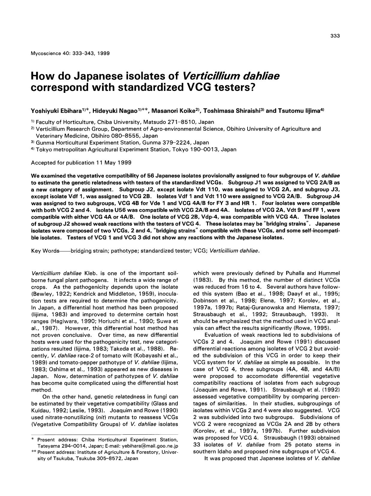 How do Japanese isolates of <Emphasis Type="Italic">Verticillium dahliae <Emphasis> correspond with standardized VCG testers? by Unknown