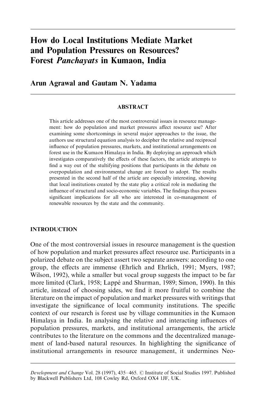 How do Local Institutions Mediate Market and Population Pressures on Resources? Forest Panchayats in Kumaon, India by Unknown