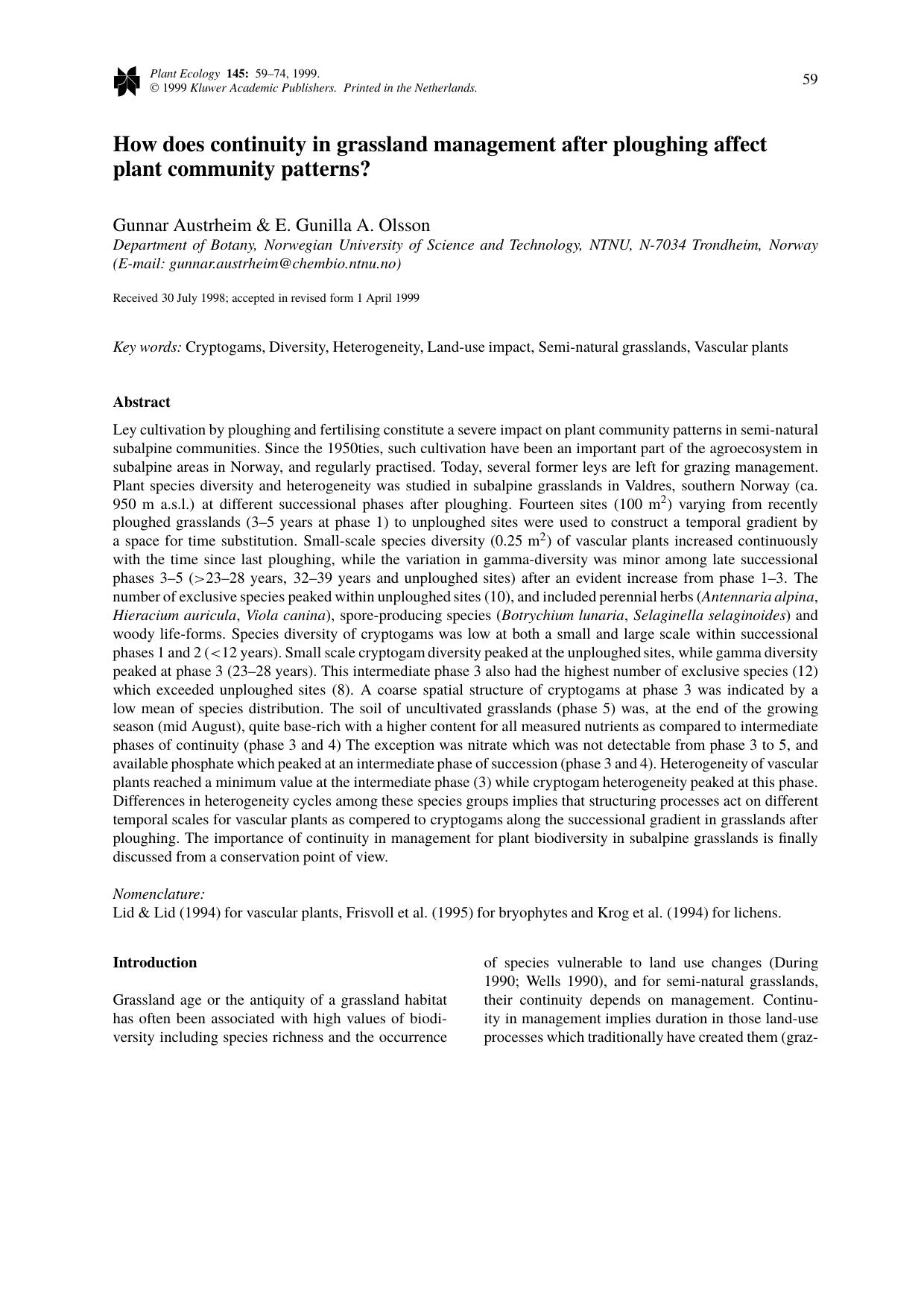 How does continuity in grassland management after ploughing affect plant community patterns? by Unknown
