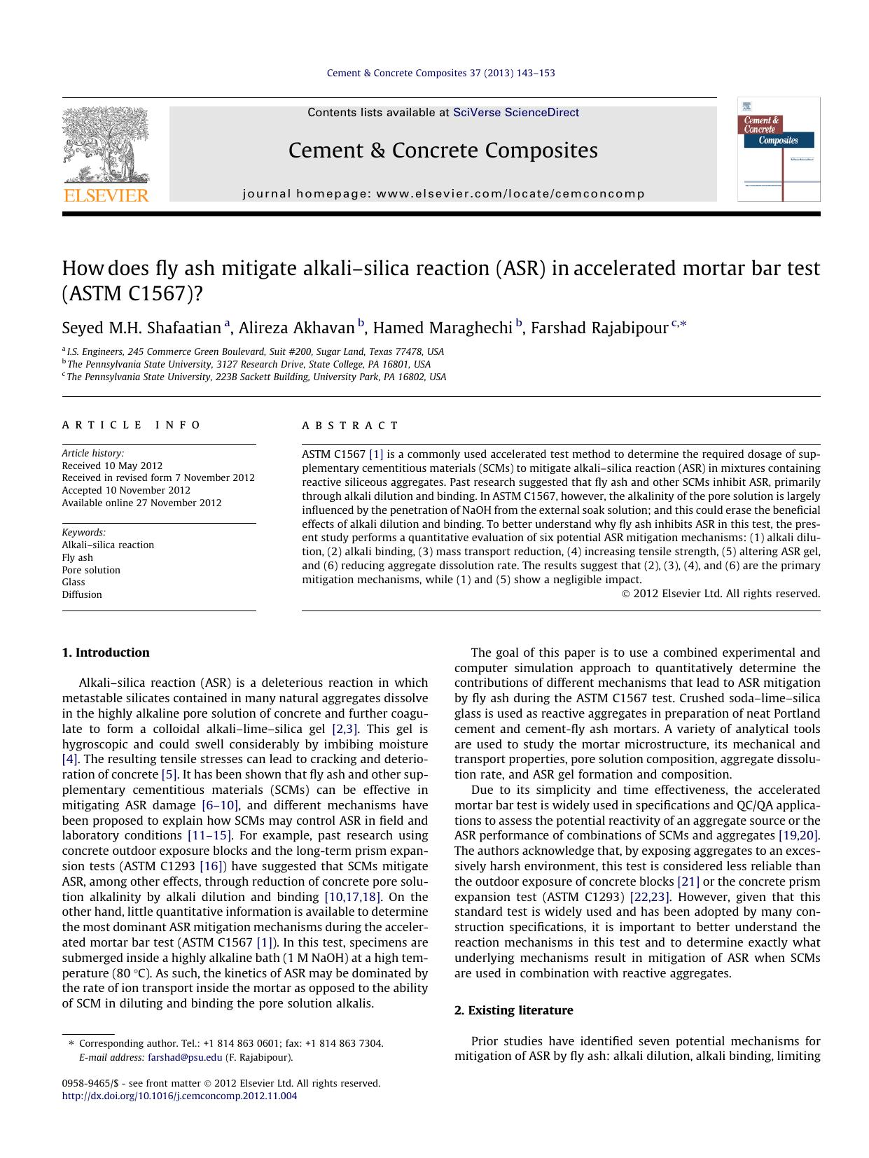 How does fly ash mitigate alkaliâsilica reaction (ASR) in accelerated mortar bar test (ASTM C1567)? by Seyed M.H. Shafaatian & Alireza Akhavan & Hamed Maraghechi & Farshad Rajabipour