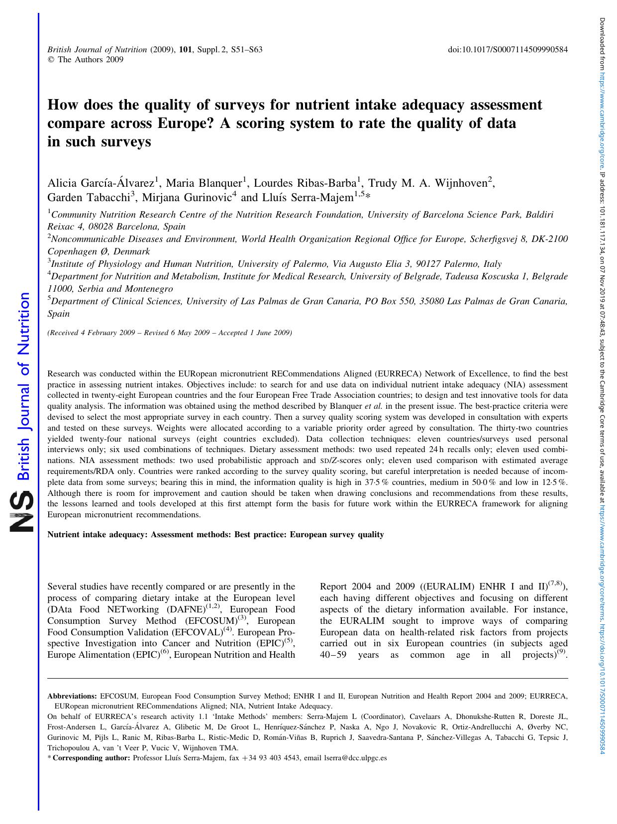 How does the quality of surveys for nutrient intake adequacy assessment compare across Europe? A scoring system to rate the quality of data in such surveys by unknow