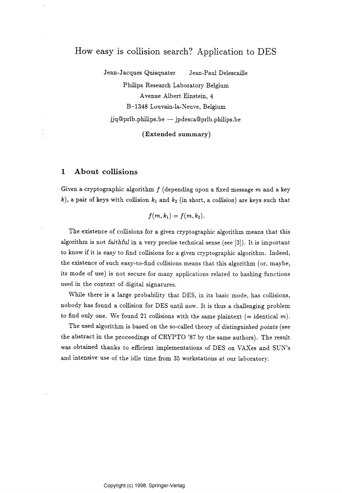 How easy is collision search? Application to DES by Quisquater J. J. & Delescaille J. P
