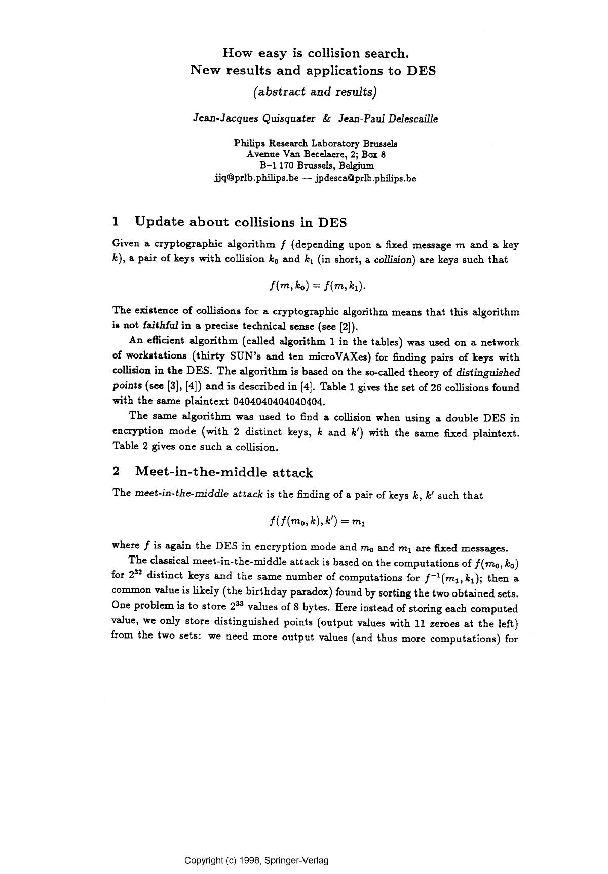How easy is collision search. New results and applications to DES by Quisquater J. J. & Delescaille J. P