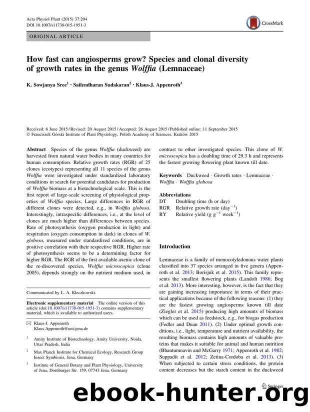 How fast can angiosperms grow? Species and clonal diversity of growth rates in the genus Wolffia (Lemnaceae) by K. Sowjanya Sree & Sailendharan Sudakaran & Klaus-J. Appenroth