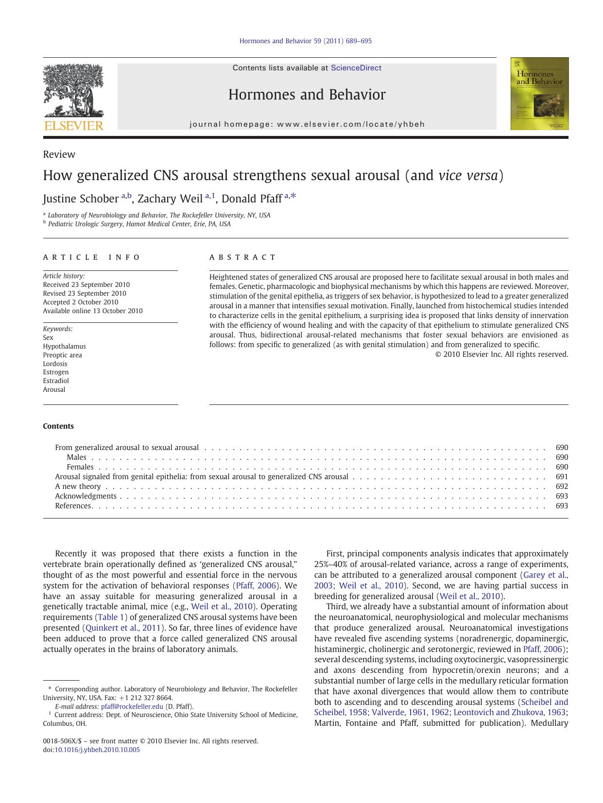 How generalized CNS arousal strengthens sexual arousal (and vice versa) by Justine Schober & Zachary Weil & Donald Pfaff
