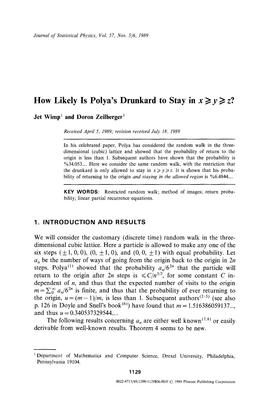 How likely is Polya's drunkard to stay in x⩾ y⩾z? by Unknown