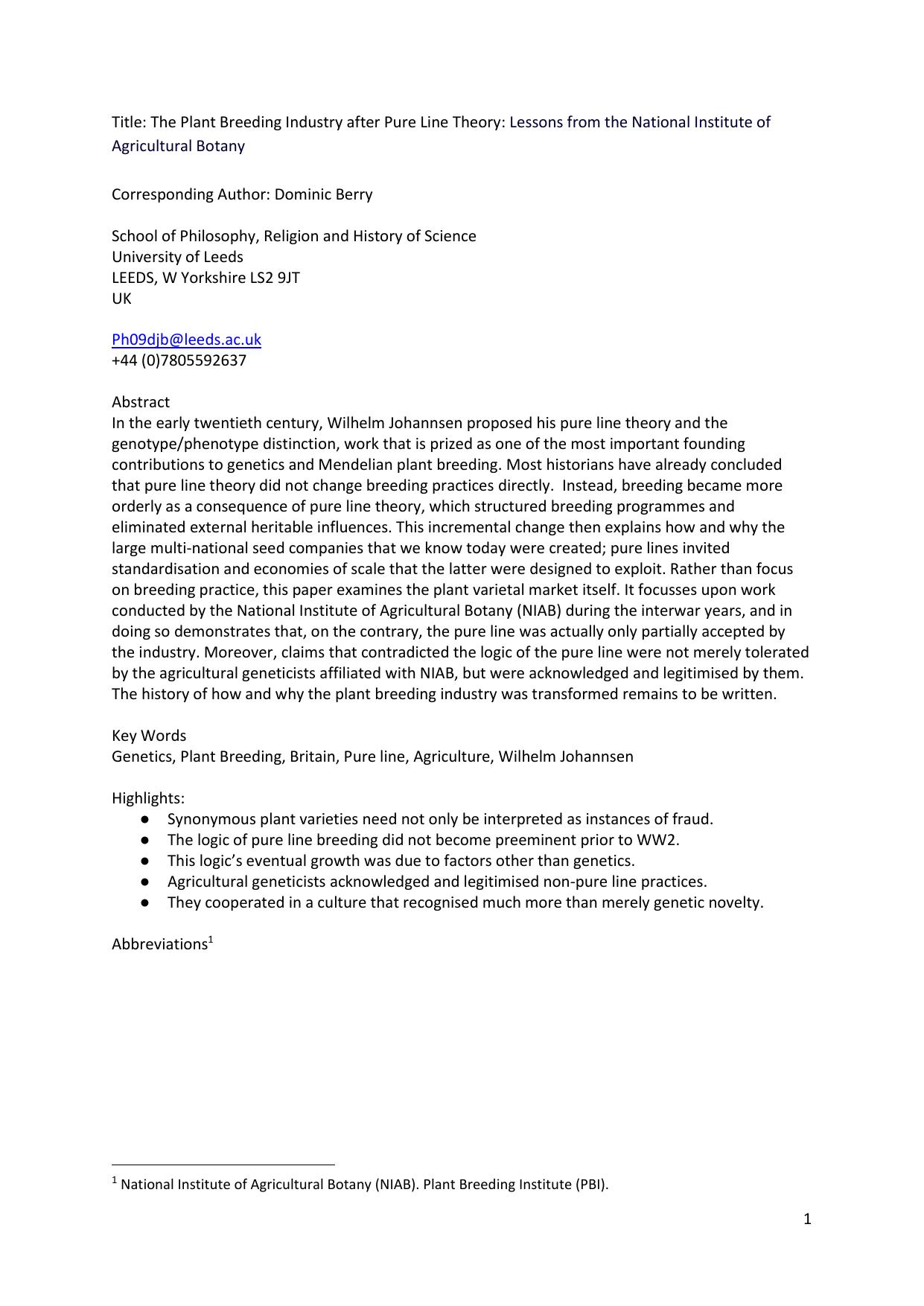 How much of an impact did pure-line theory have on plant breeding, Lessons from the National Institute of Agricultural Botany - Without details.docx.docx by Dominic
