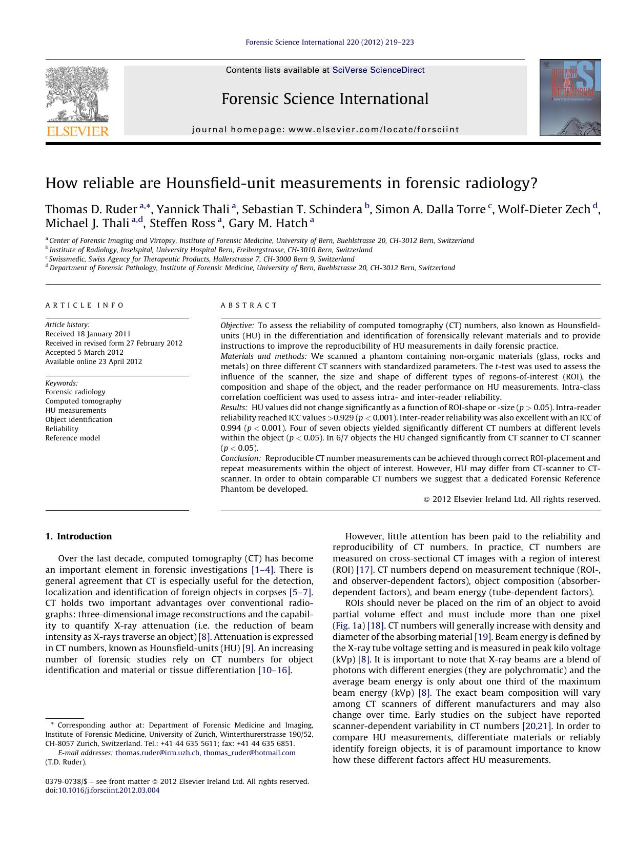 How reliable are Hounsfield-unit measurements in forensic radiology? by Thomas D. Ruder