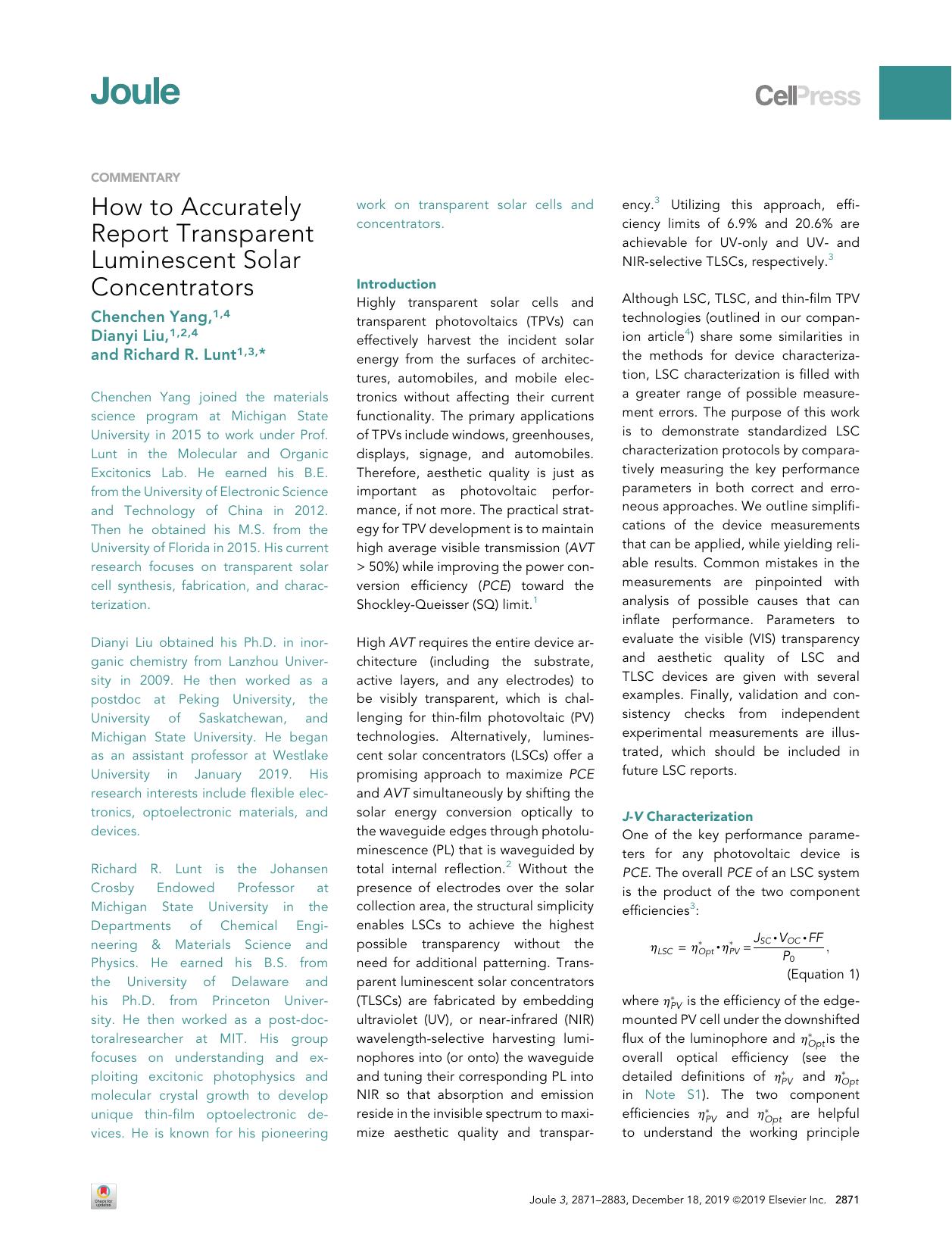 How to Accurately Report Transparent Luminescent Solar Concentrators by Chenchen Yang & Dianyi Liu & Richard R. Lunt