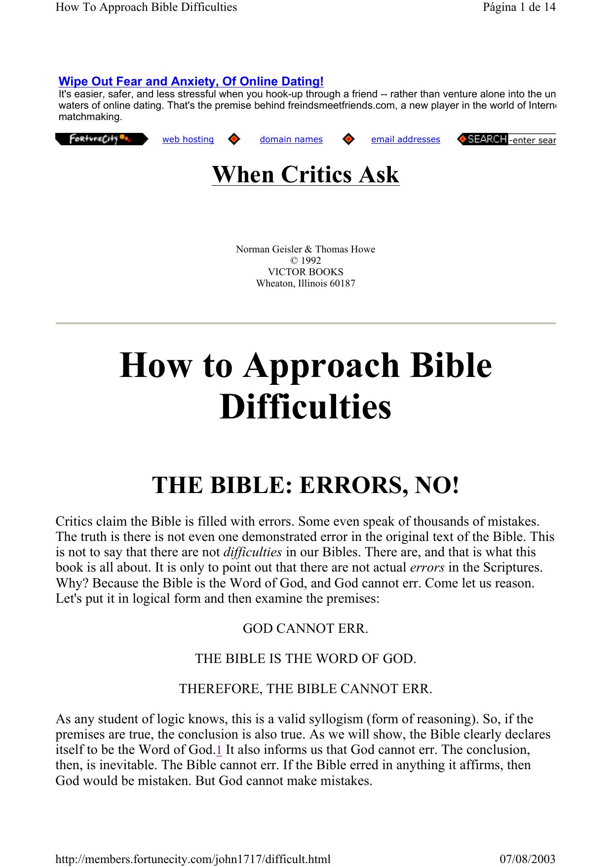 How to Approach Bible Difficulties - Geisler by Norman Geisler