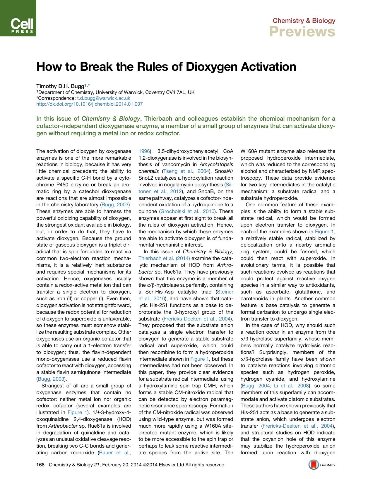 How to Break the Rules of Dioxygen Activation by Timothy D.H. Bugg