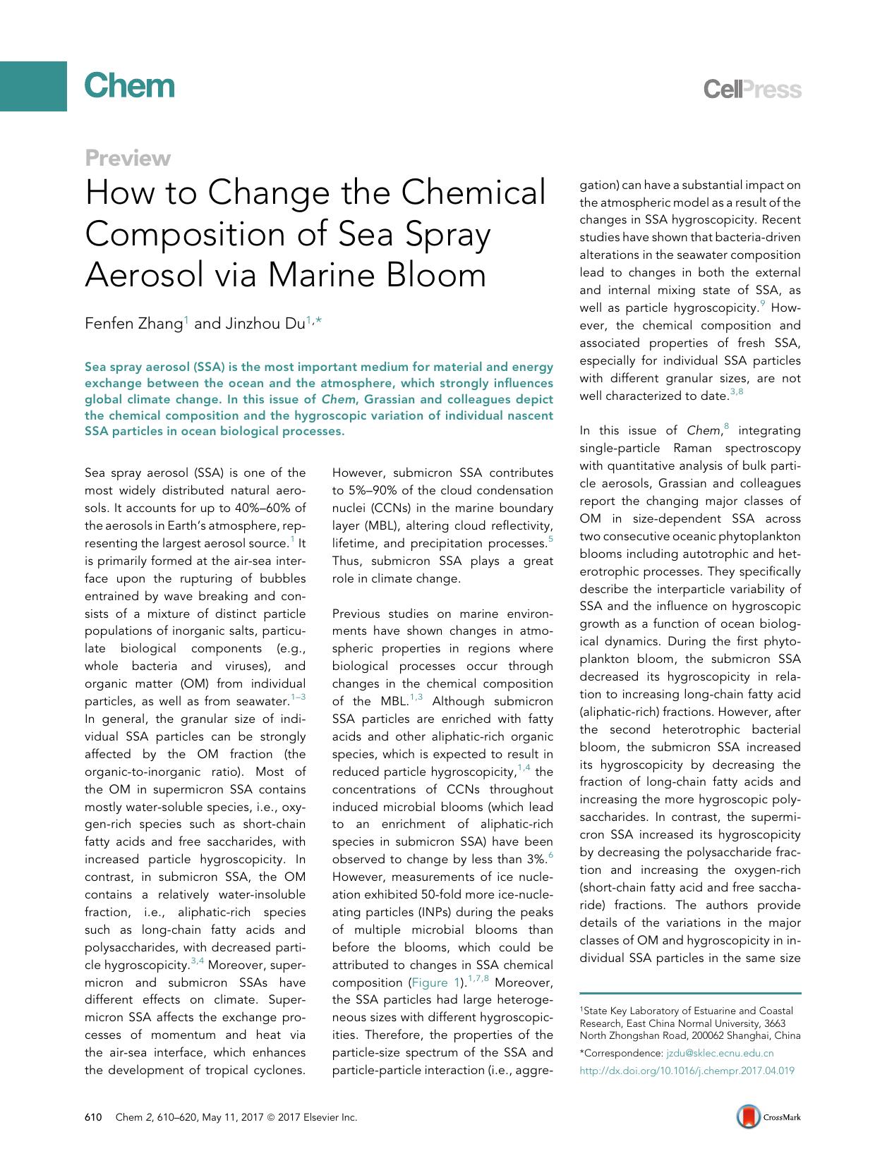 How to Change the Chemical Composition of Sea Spray Aerosol via Marine Bloom by Fenfen Zhang & Jinzhou Du