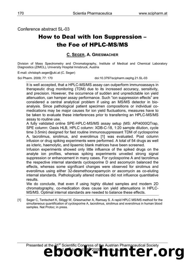 How to Deal with Ion Suppression â the Foe of HPLC-MSMS by C. SEGER & A. GRIESMACHER