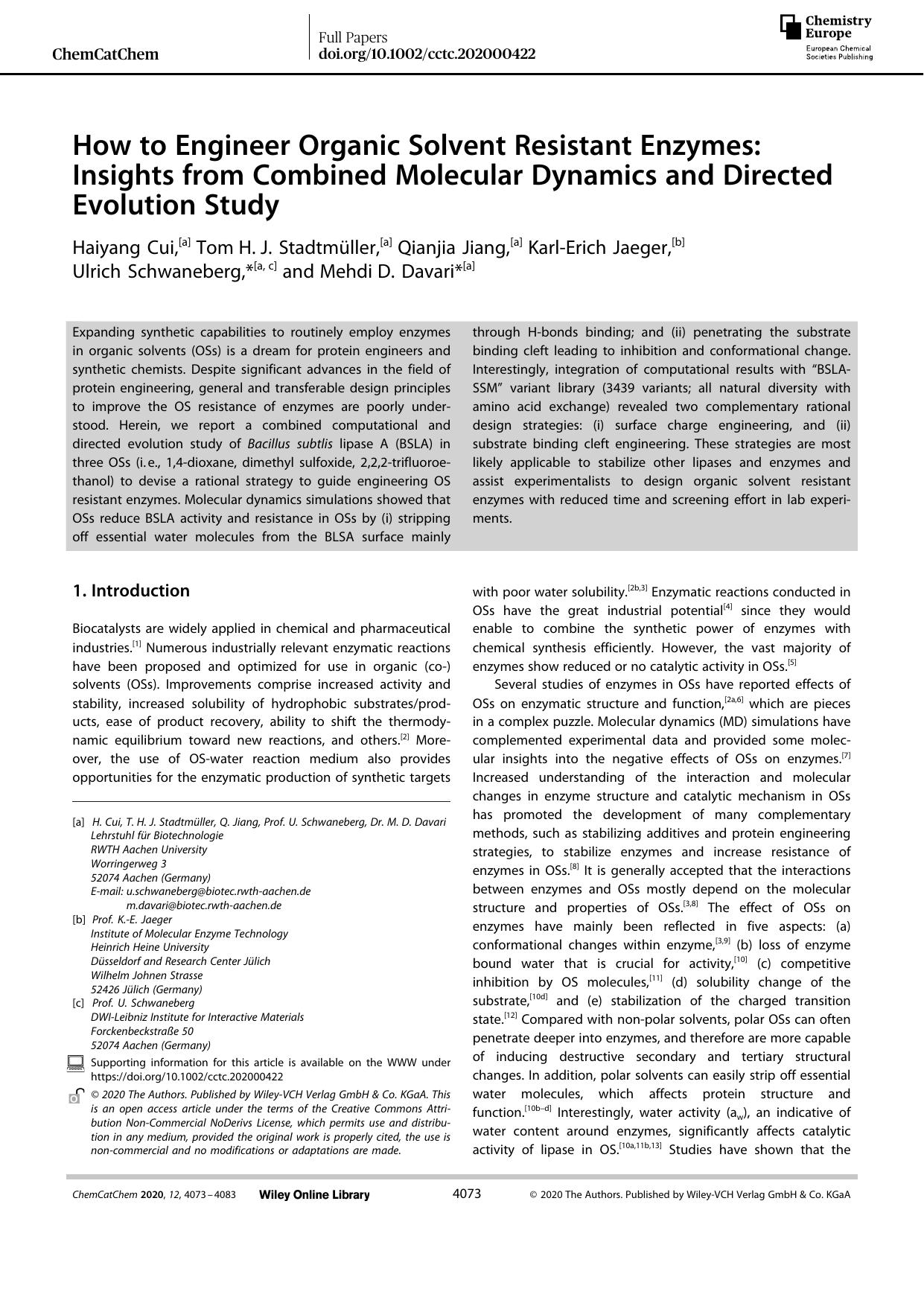 How to Engineer Organic Solvent Resistant Enzymes: Insights from Combined Molecular Dynamics and Directed Evolution Study by Unknown