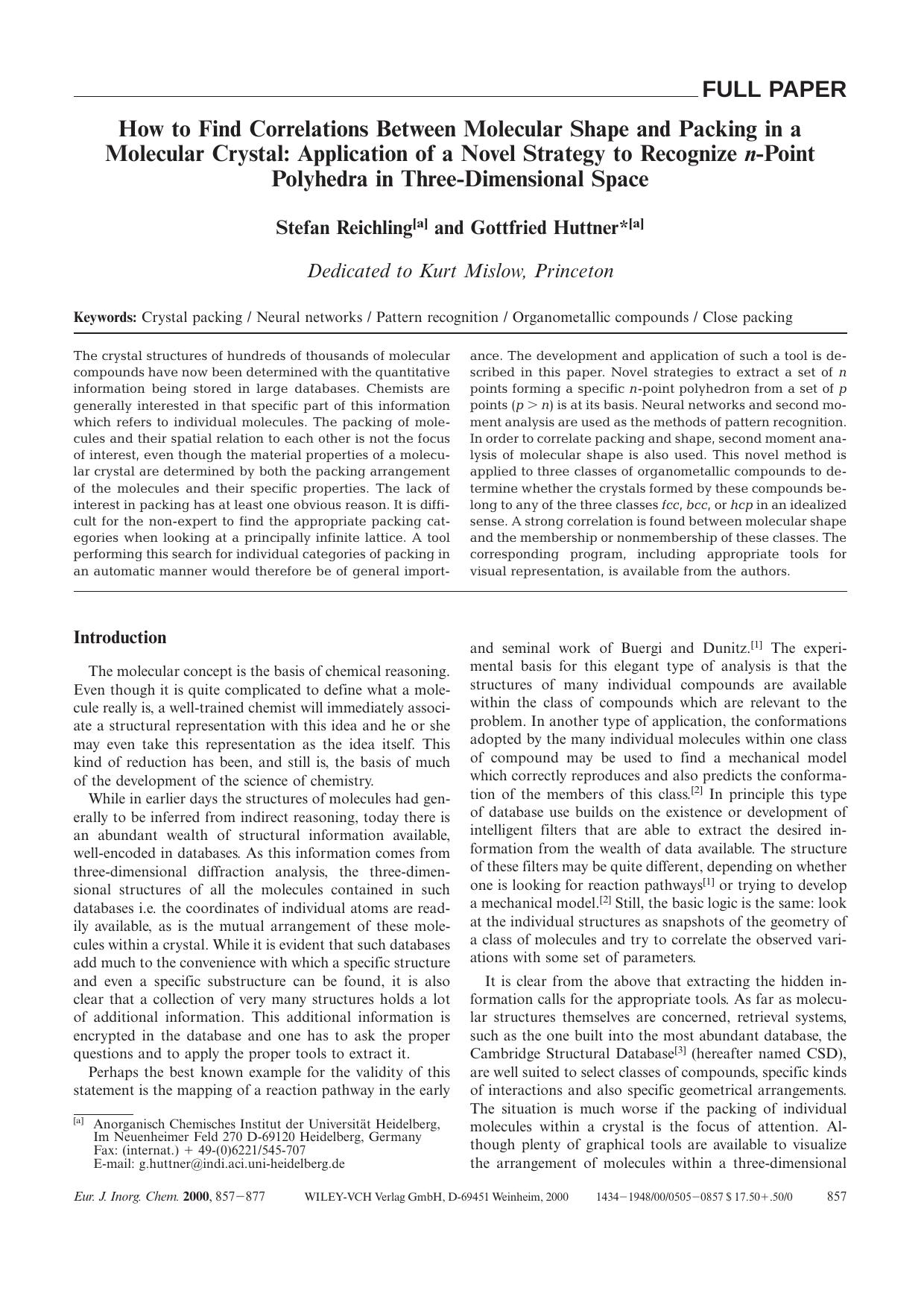 How to Find Correlations Between Molecular Shape and Packing in a Molecular Crystal: Application of a Novel Strategy to Recognize n-Point Polyhedra in Three-Dimensional Space by Unknown
