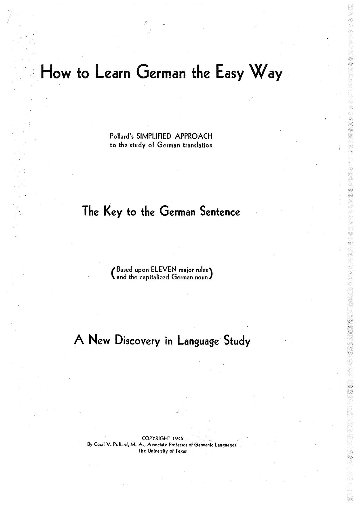 How to Learn German the Easy Way: The Key to the German Sentence by Cecil Vivian Pollard