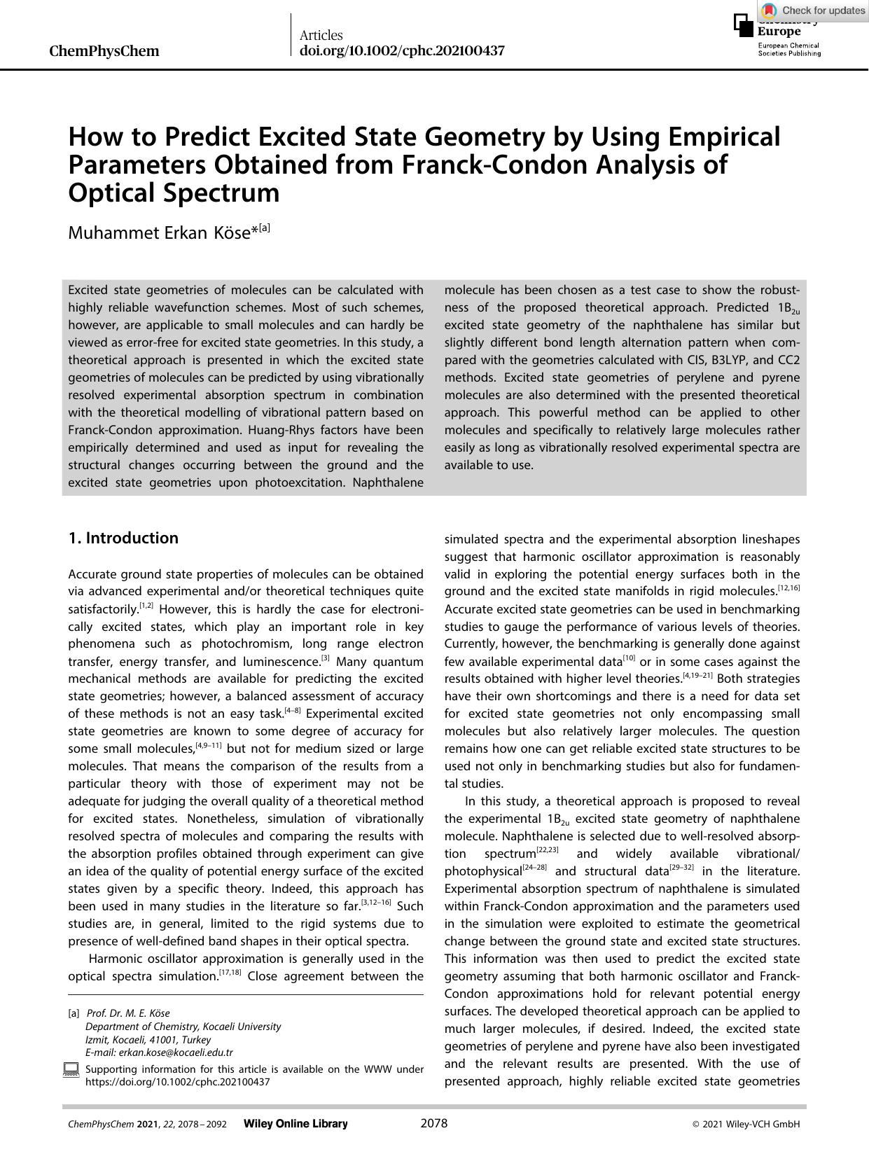 How to Predict Excited State Geometry by Using Empirical Parameters Obtained from FranckâCondon Analysis of Optical Spectrum by Unknown