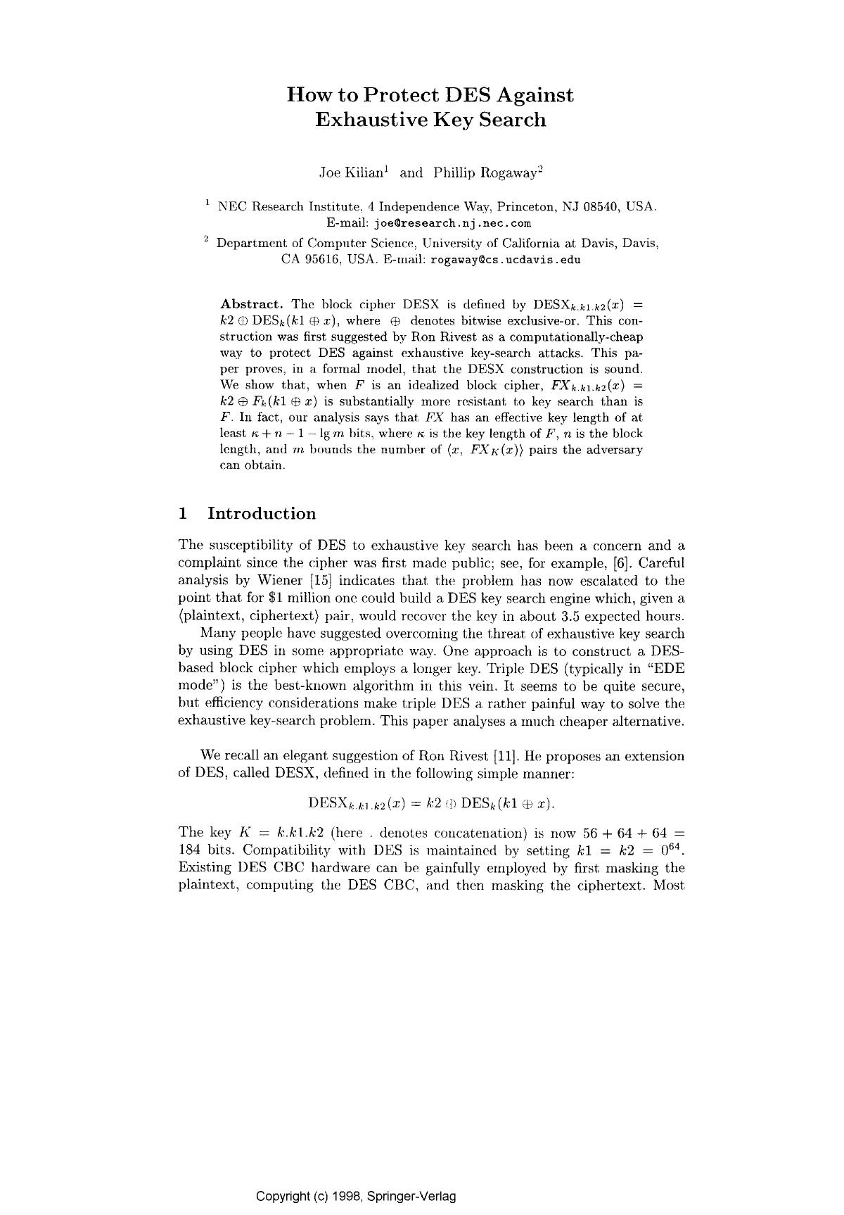 How to Protect DES Against Exhaustive Key Search by Kilian J. & Rogaway P