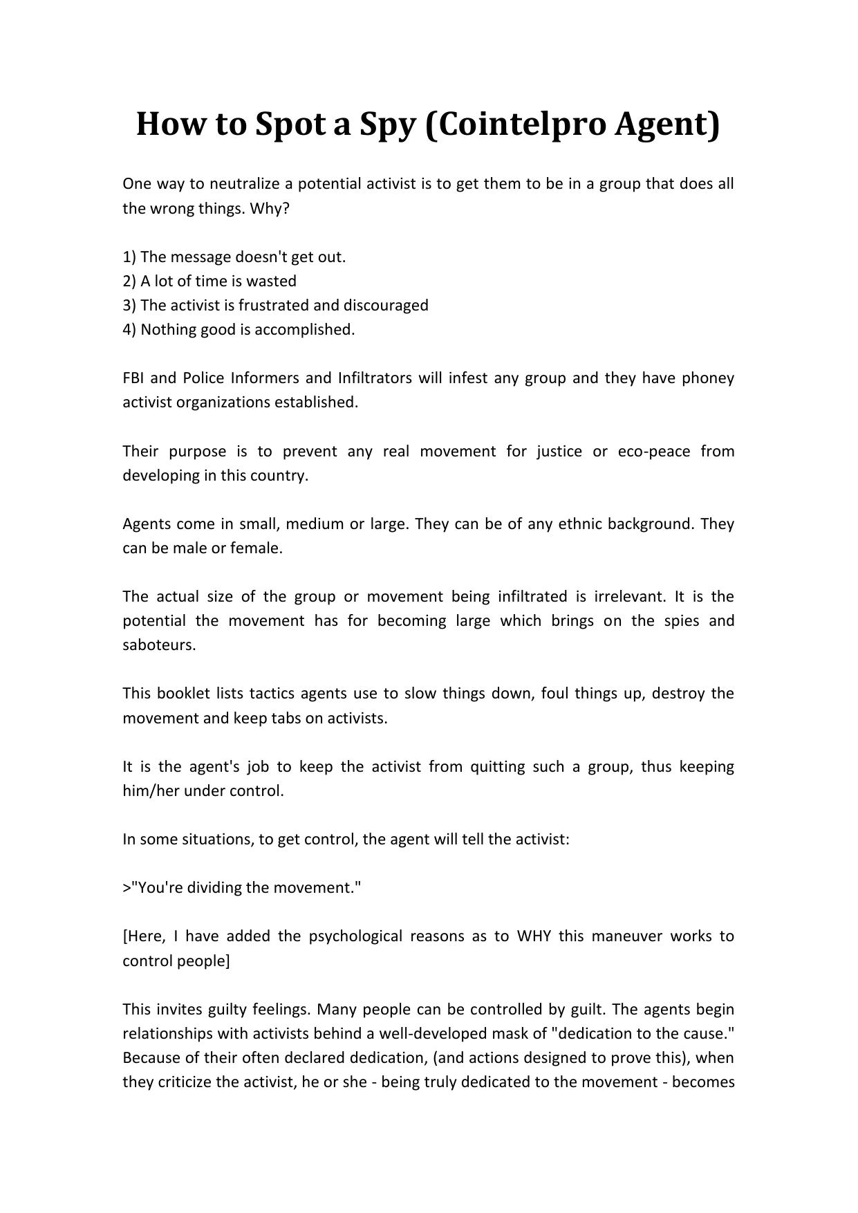 How to Spot a Spy (Cointelpro Agent) by John