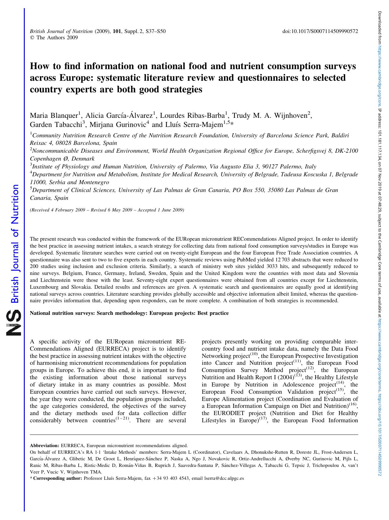 How to find information on national food and nutrient consumption surveys across Europe: systematic literature review and questionnaires to selected country experts are both good strategies by unknow