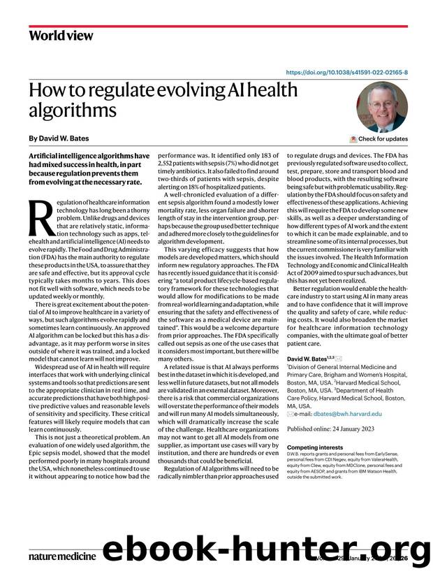 How to regulate evolving AI health algorithms by David W. Bates