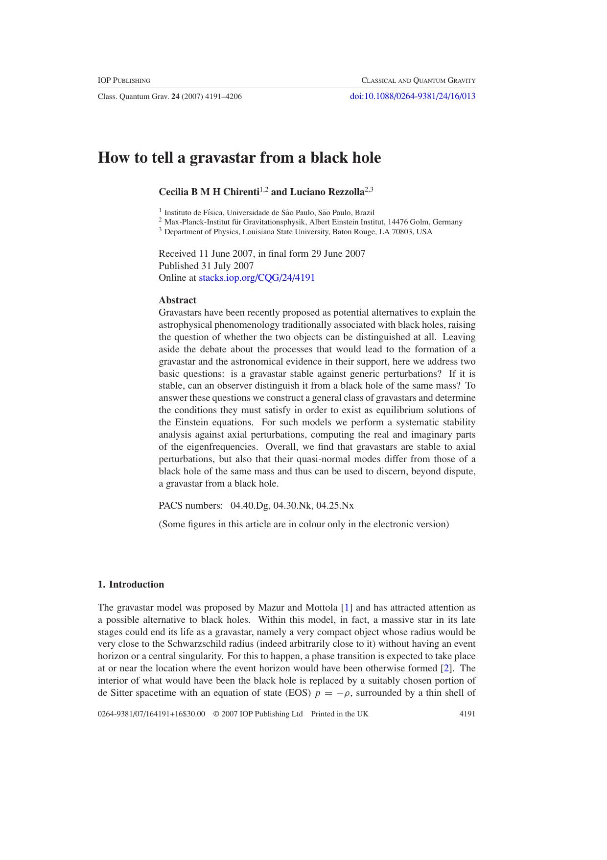 How to tell a gravastar from a black hole by C B M H Chirenti & L Rezzolla