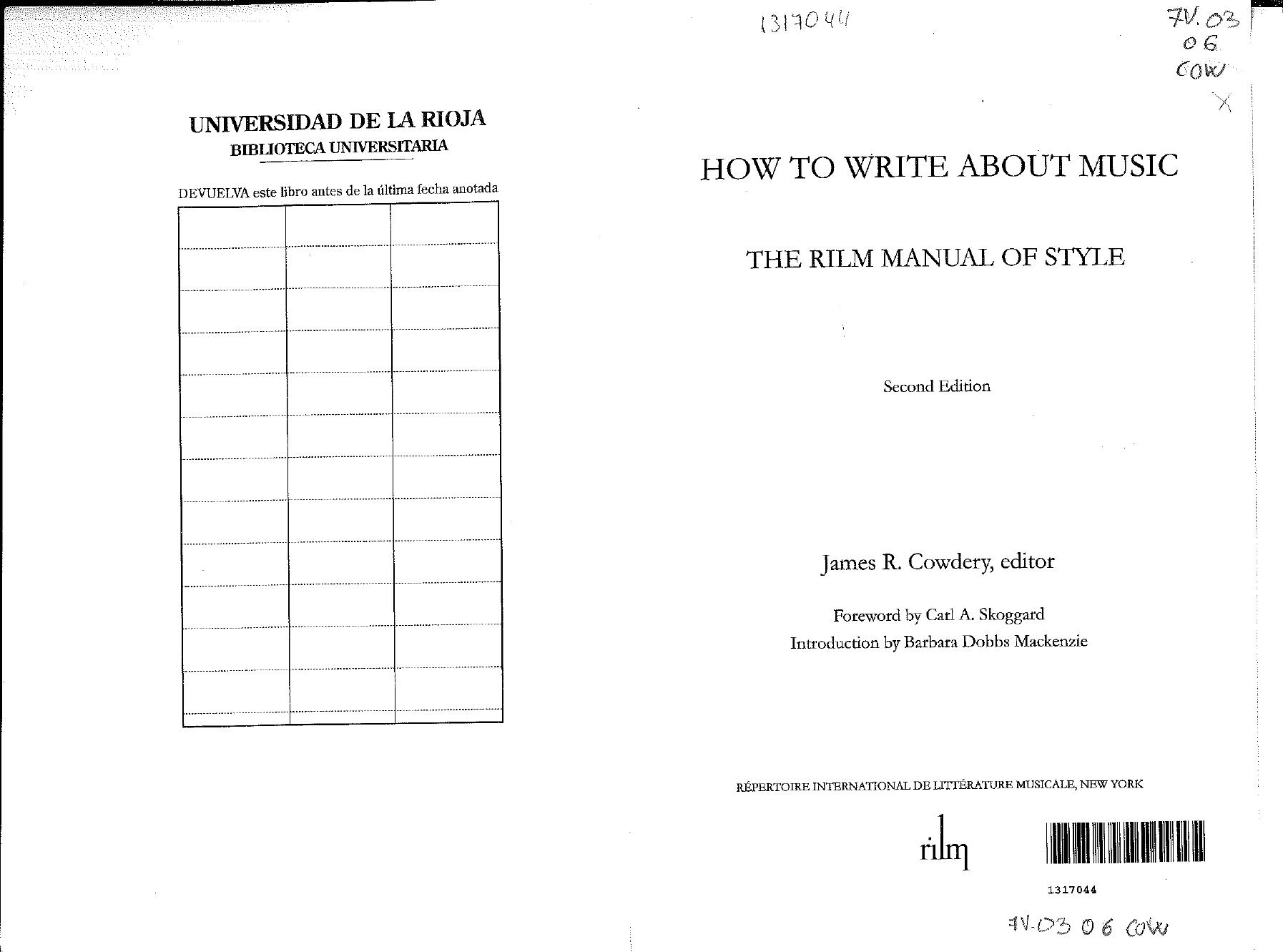 How to write about music : the RILM manual of style by Cowdery James R