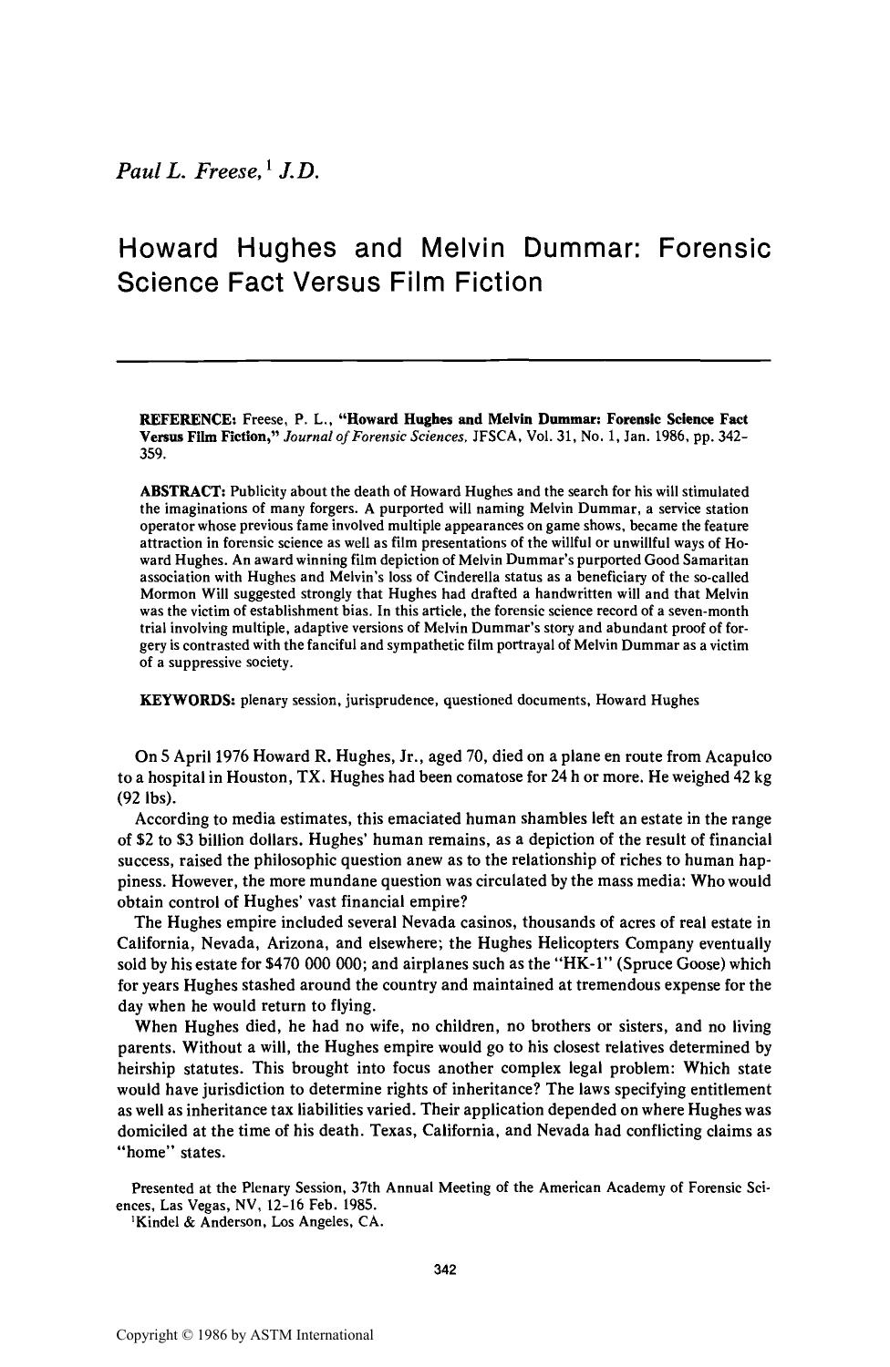 Howard Hughes and Melvin Dummar: Forensic Science Fact Versus Film Fiction by Freese PL