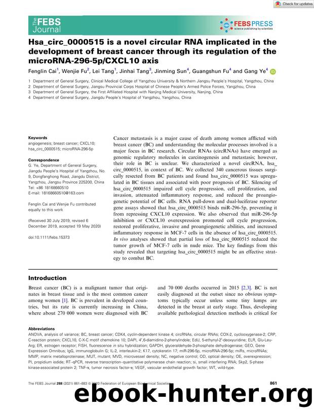 Hsa_circ_0000515 is a novel circular RNA implicated in the development of breast cancer through its regulation of the microRNAâ296â5pCXCL10 axis by Unknown