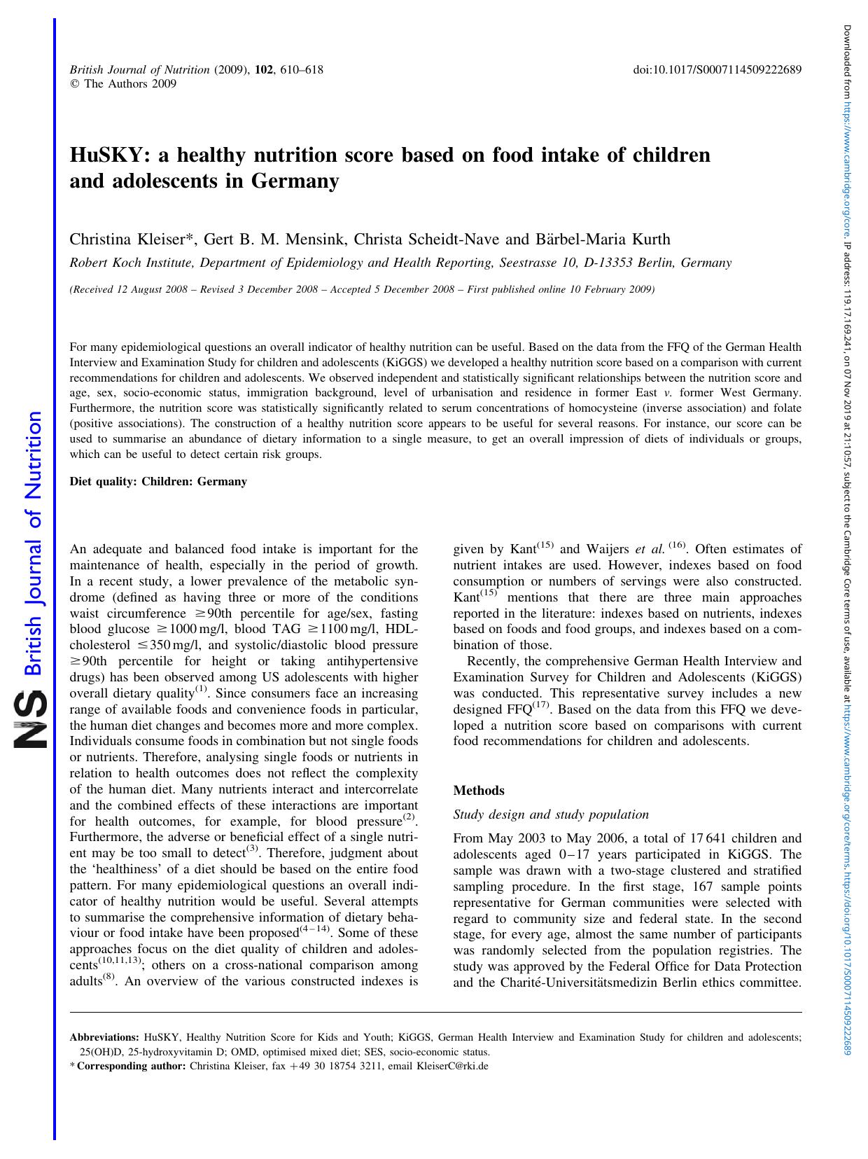 HuSKY: a healthy nutrition score based on food intake of children and adolescents in Germany by Christina Kleiser Gert B. M. Mensink Christa Scheidt-Nave Bärbel-Maria Kurth
