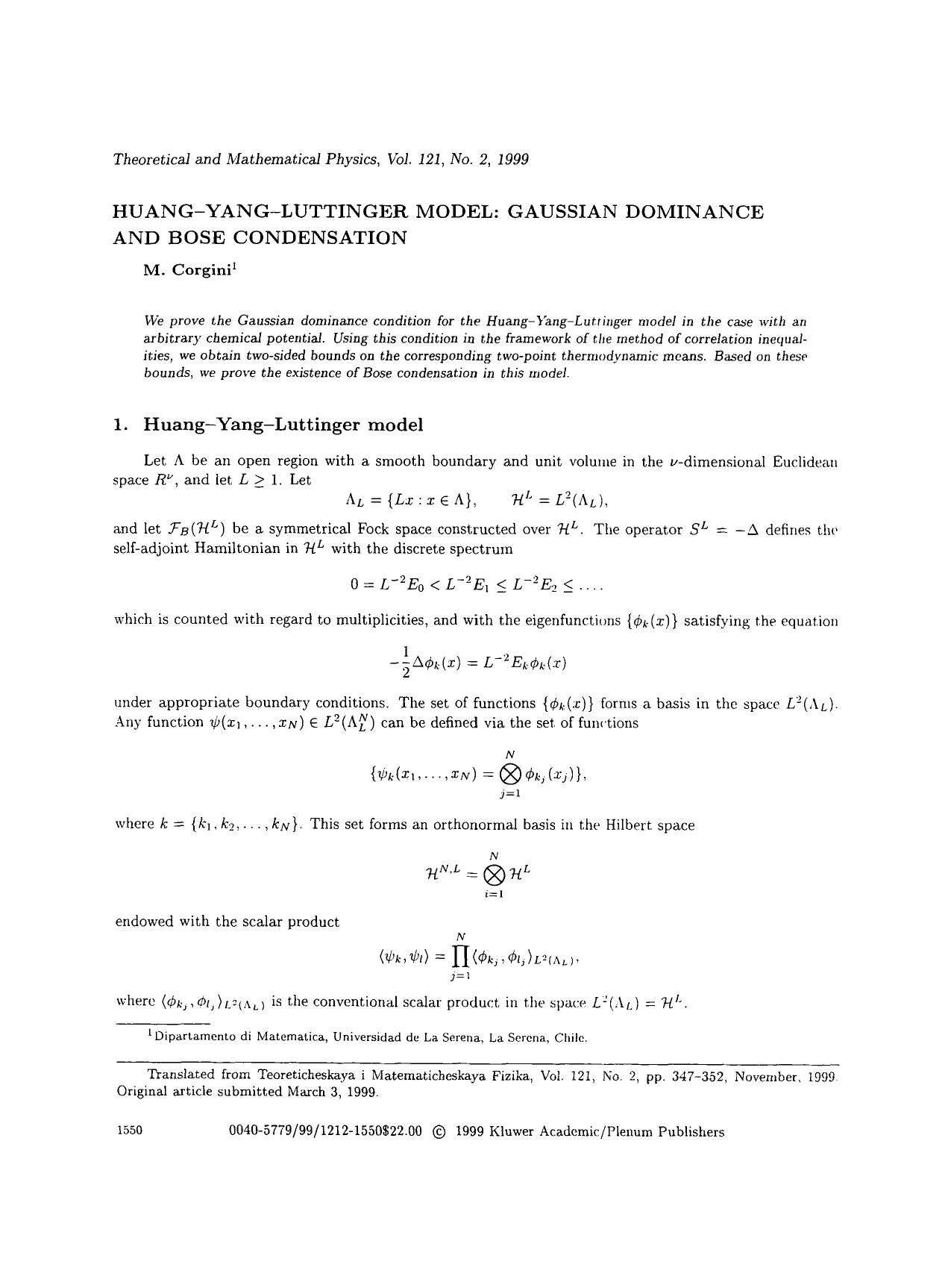 Huang-Yang-Luttinger model: Gaussian dominance and Bose condensation by Unknown