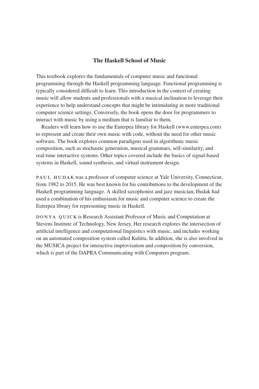 Hudak Donya Quick The Haskell School of Music From Signals to Symphonies Cambridge University Press by Unknown