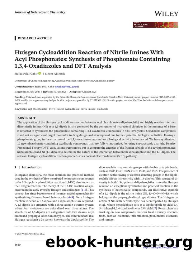 Huisgen cycloaddition reaction of nitrile imines with acyl phosphonates: Synthesis of phosphonate containing 1,3,4âoxadiazoles and DFT analysis by Unknown