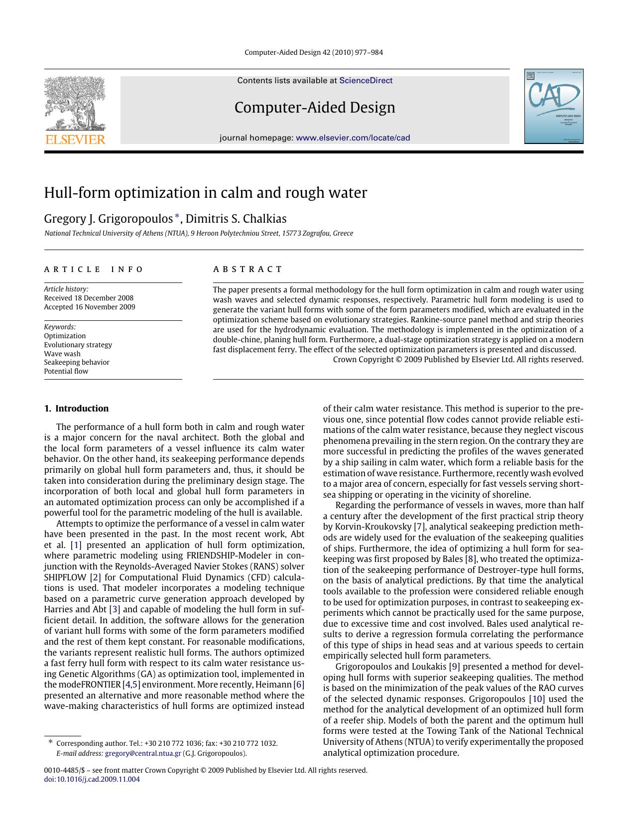 Hull-form optimization in calm and rough water by Gregory J. Grigoropoulos; Dimitris S. Chalkias