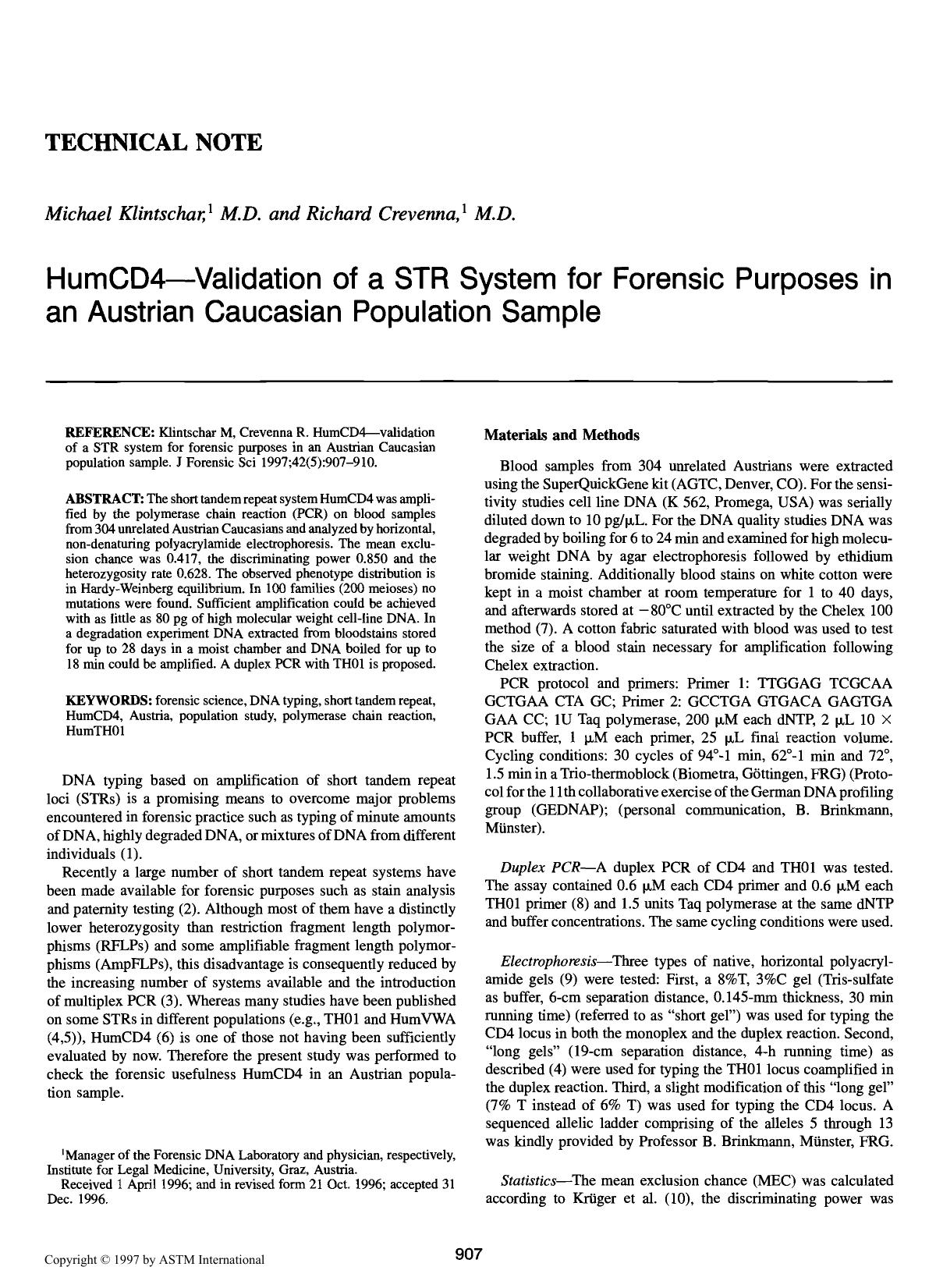 HumCD4Łvalidation of a STR system for forensic purposes in an Austrian Caucasian population sample by Klintschar M Crevenna R