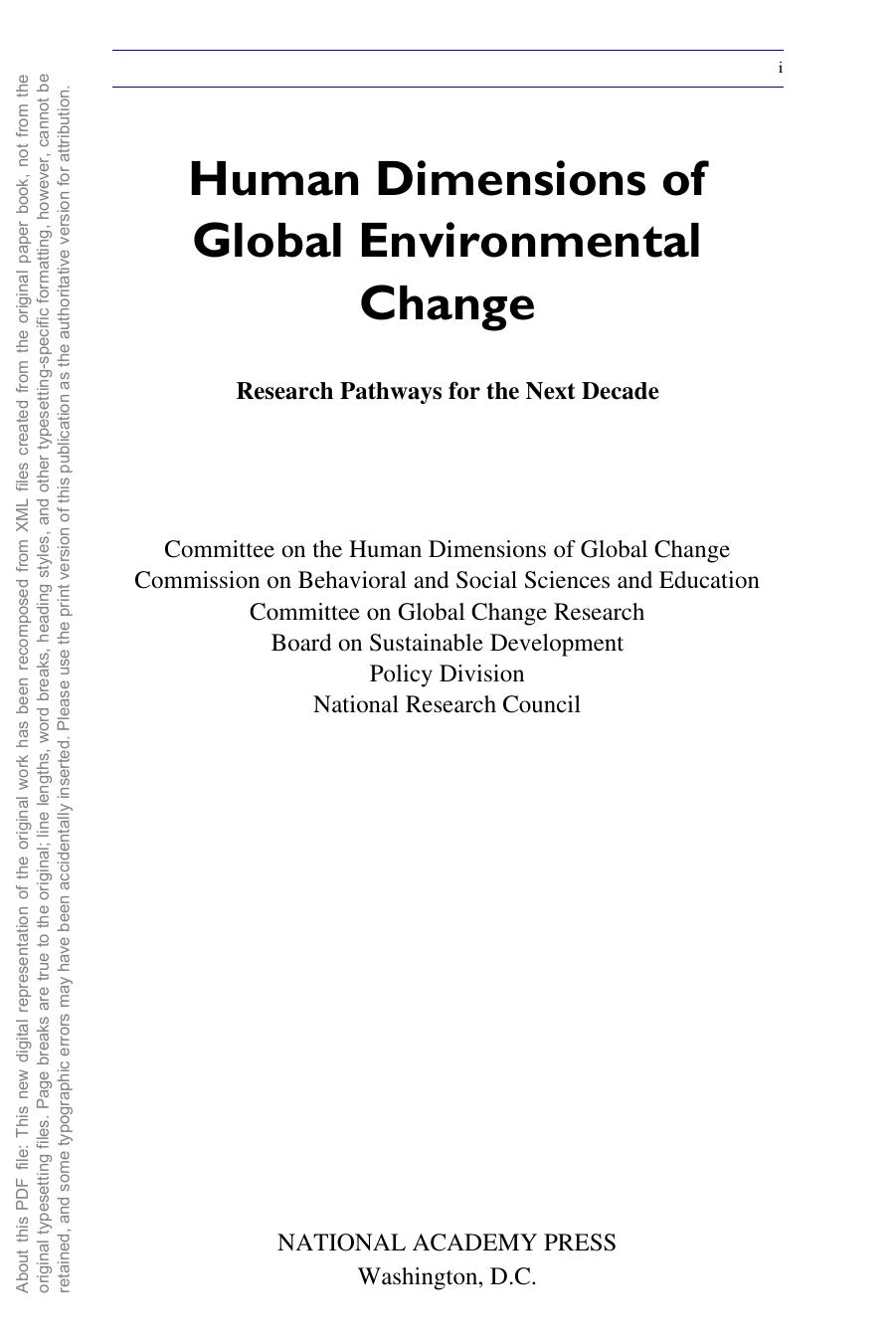 Human Dimensions of Global Environmental Change: Research Pathways for the Next Decade by National Research Council