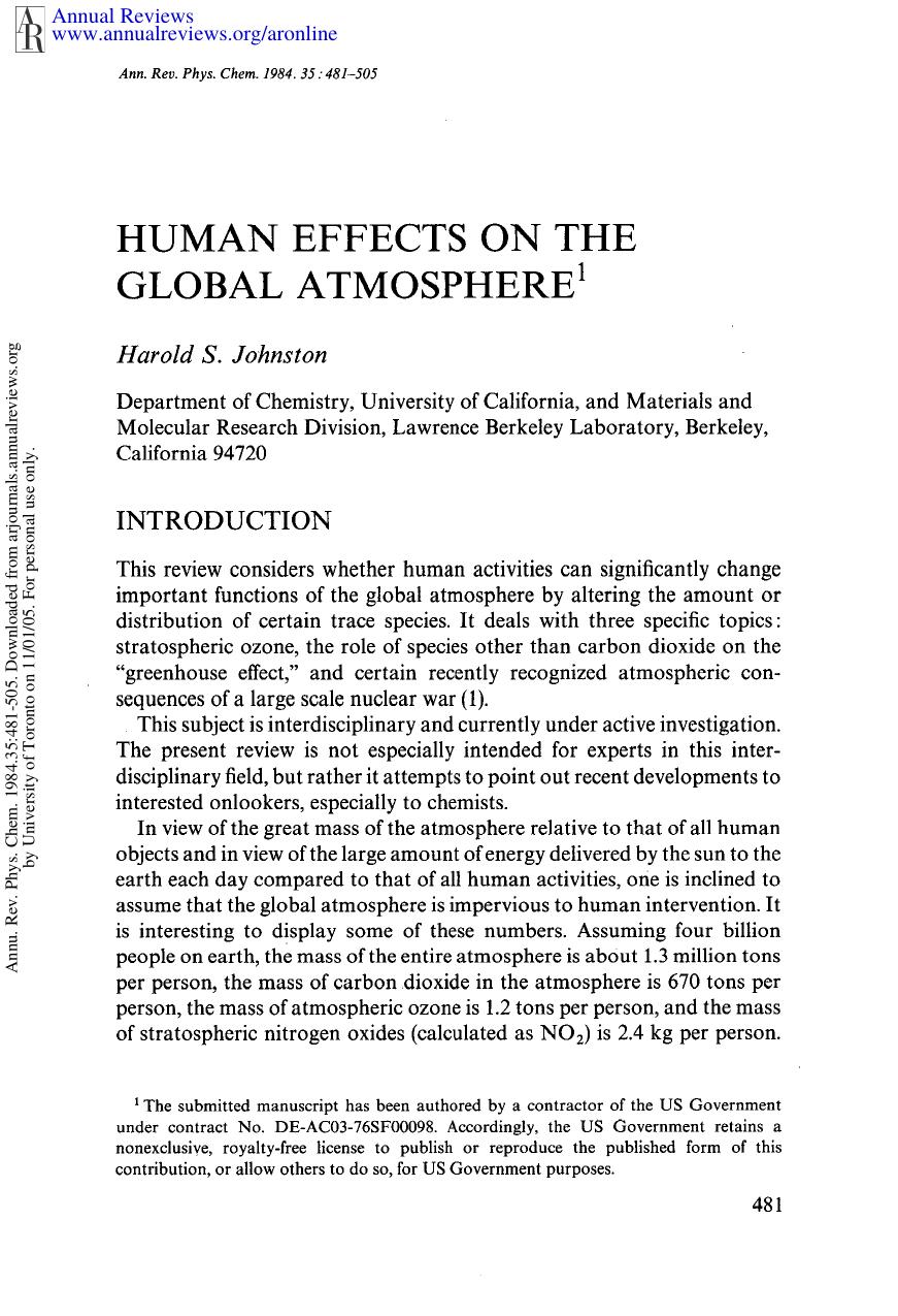 Human Effects on the Global Atmosphere by H S Johnston