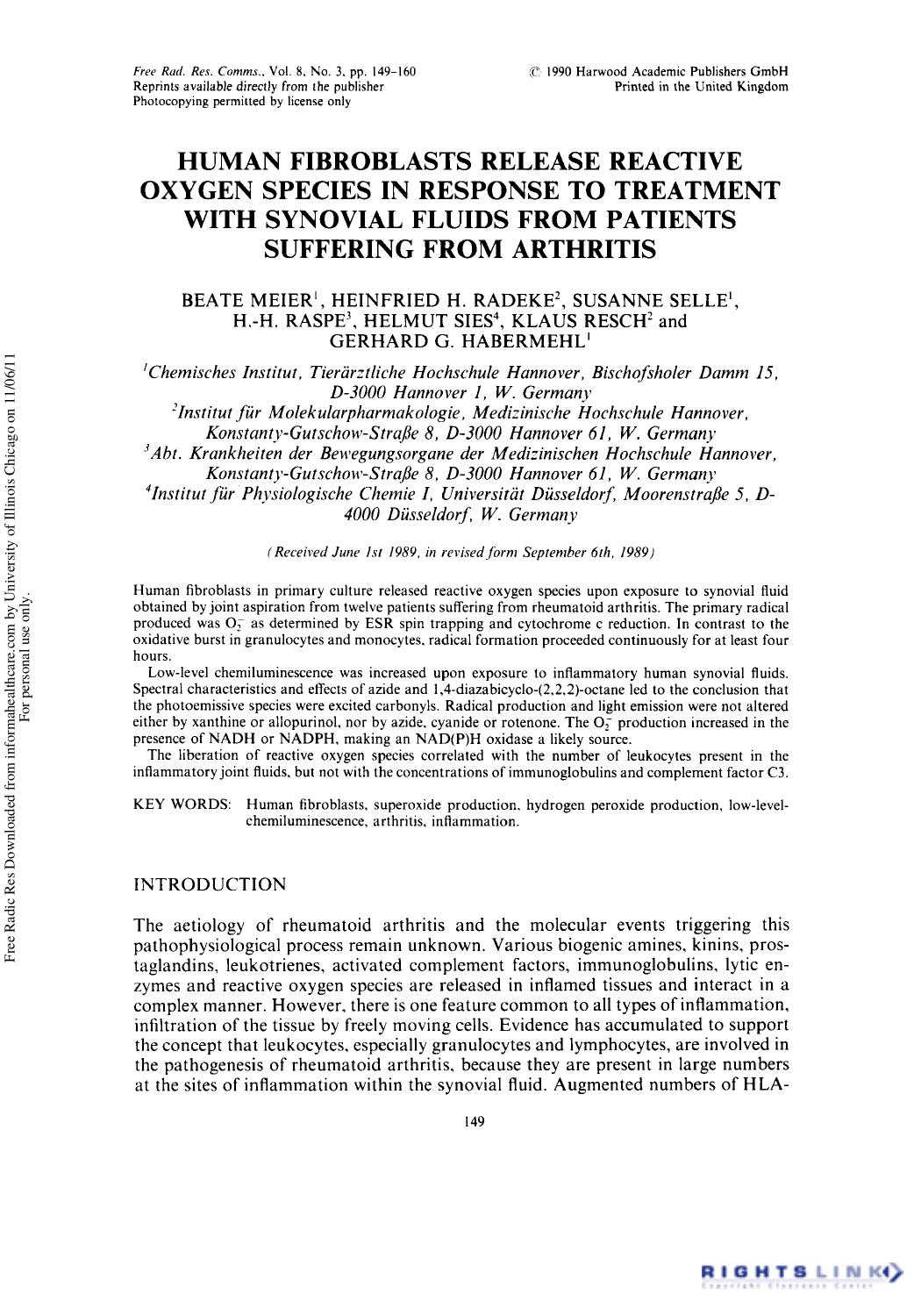 Human Fibroblasts Release Reactive Oxygen Species in Response to Treatment with Synovial Fluids from Patients Suffering from Arthritis by unknow