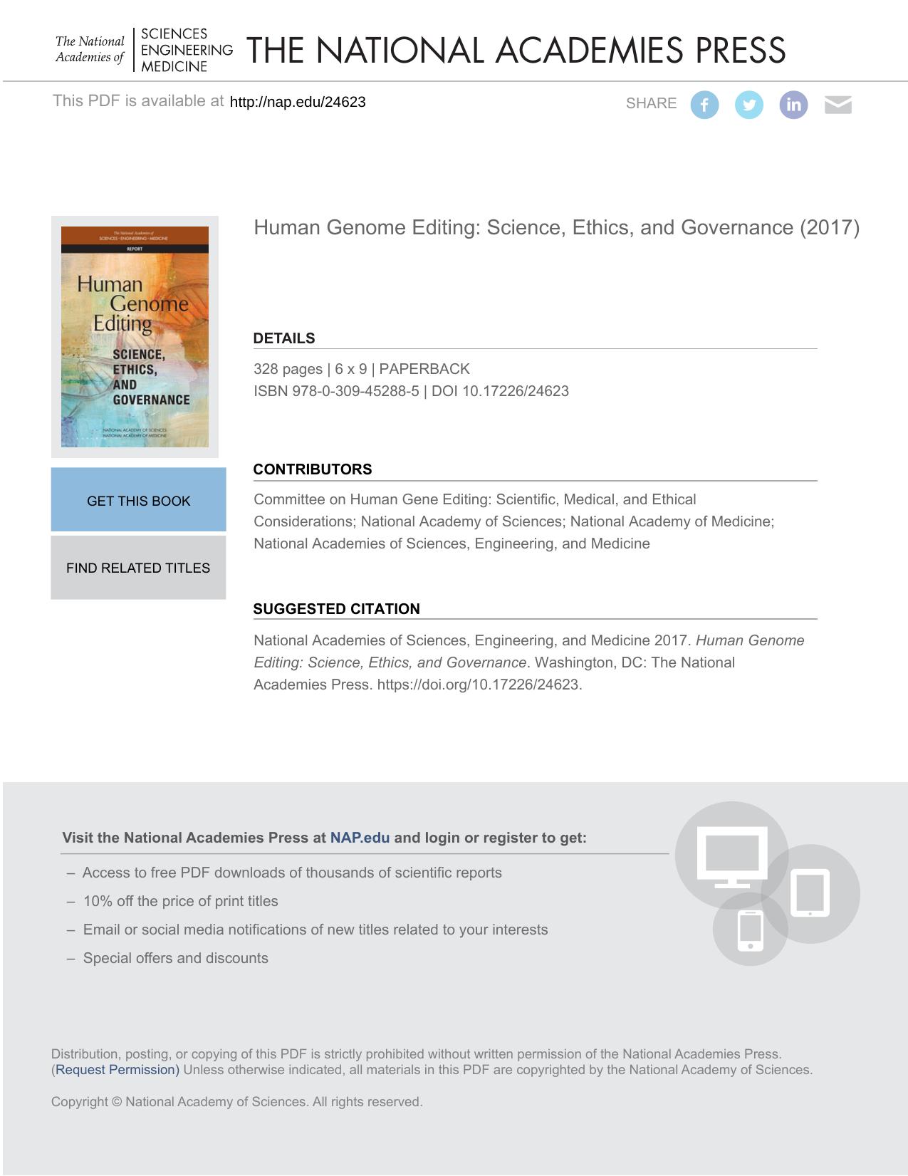 Human Genome Editing: Science, Ethics, and Governance by National Academies of Sciences Engineering and Medicine