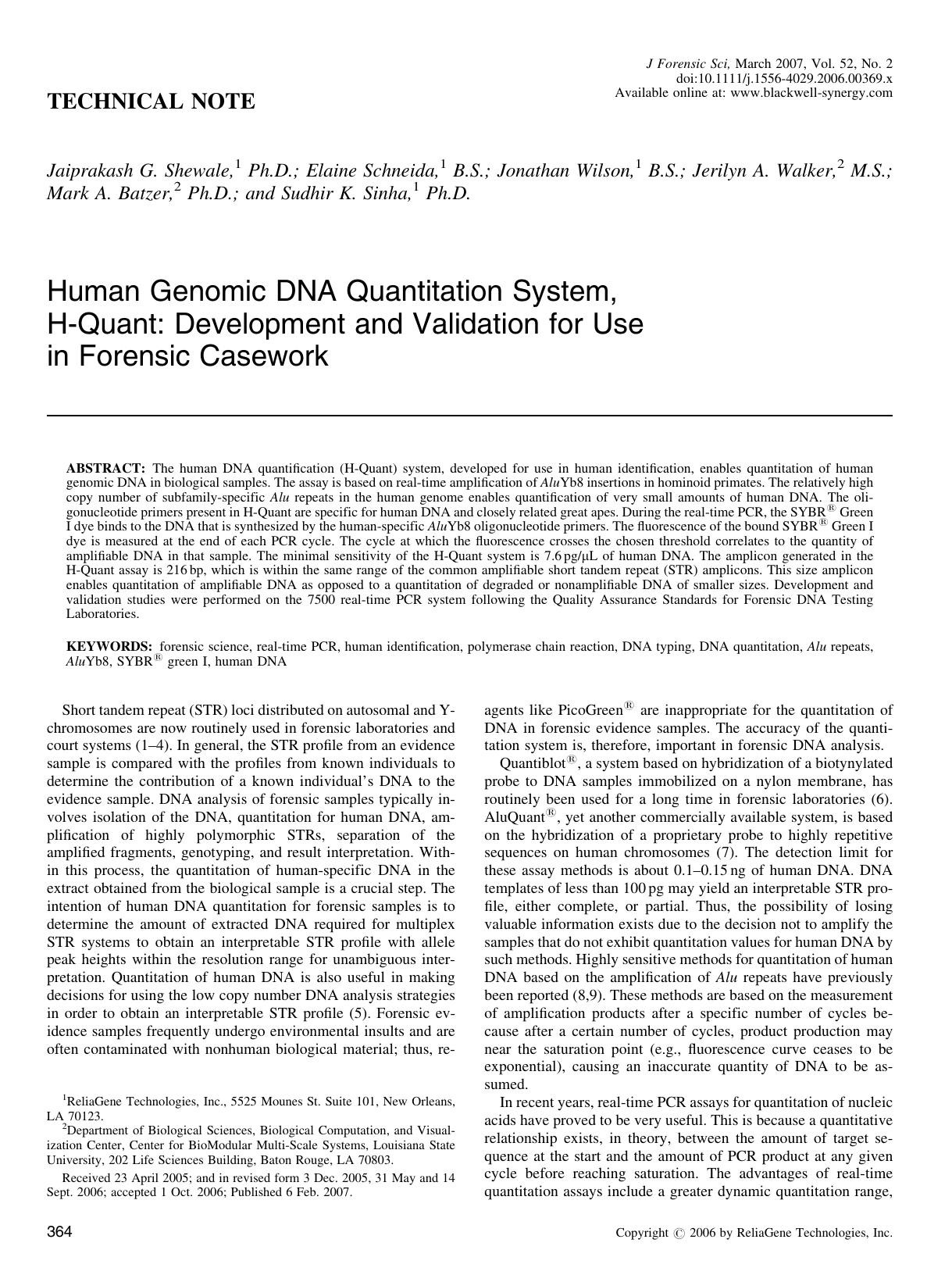 Human Genomic DNA Quantitation System, H-Quant: Development and Validation for Use in Forensic Casework by Unknown