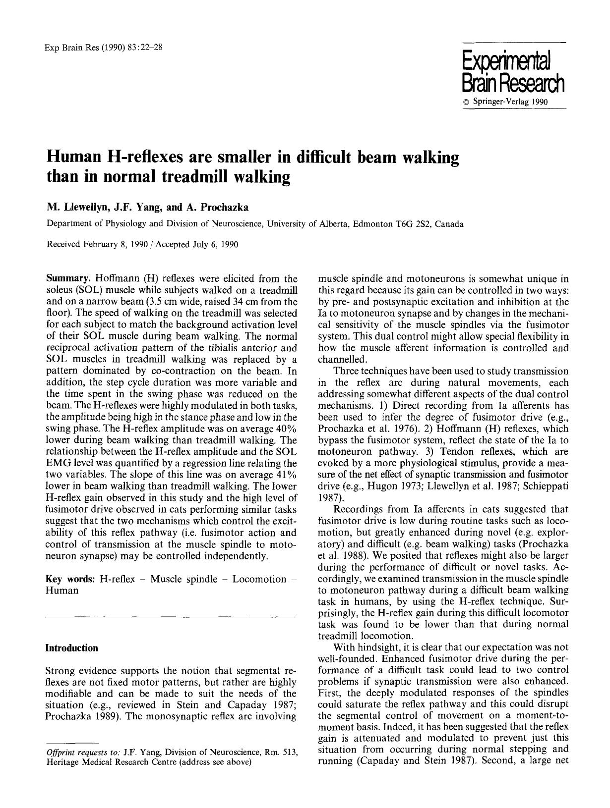 Human H-reflexes are smaller in difficult beam walking than in normal treadmill walking by Unknown
