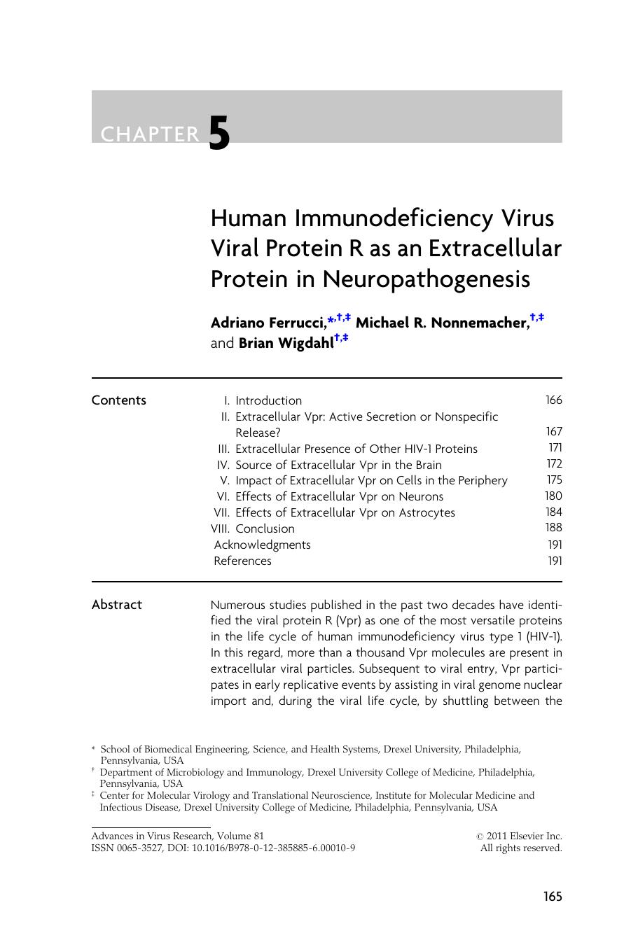 Human Immunodeficiency Virus Viral Protein R as an Extracellular Protein in Neuropathogenesis by Adriano Ferrucci & Michael R. Nonnemacher & Brian Wigdahl
