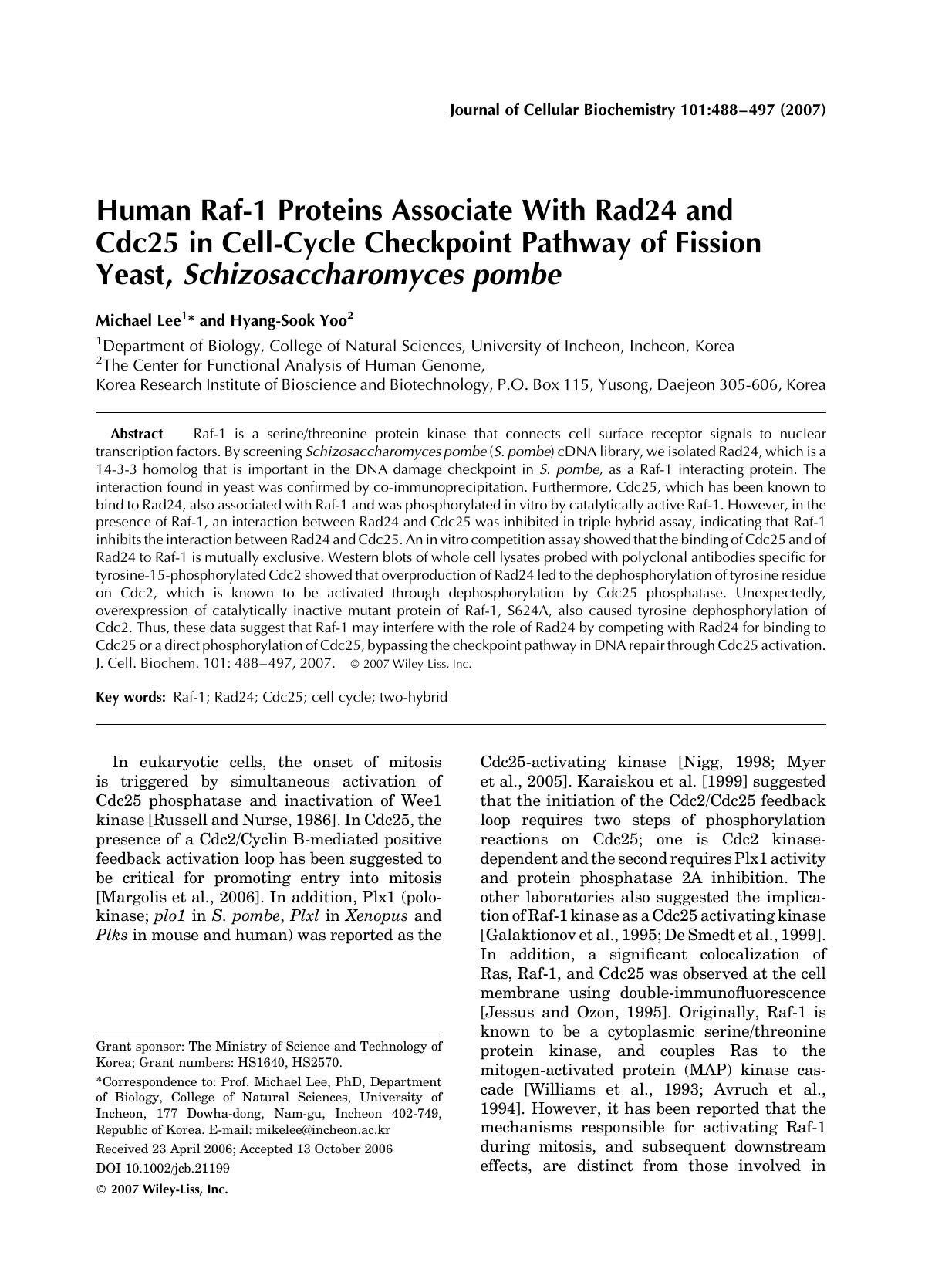 Human Raf-1 proteins associate with Rad24 and Cdc25 in cell-cycle checkpoint pathway of fission yeast, Schizosaccharomyces pombe by Unknown