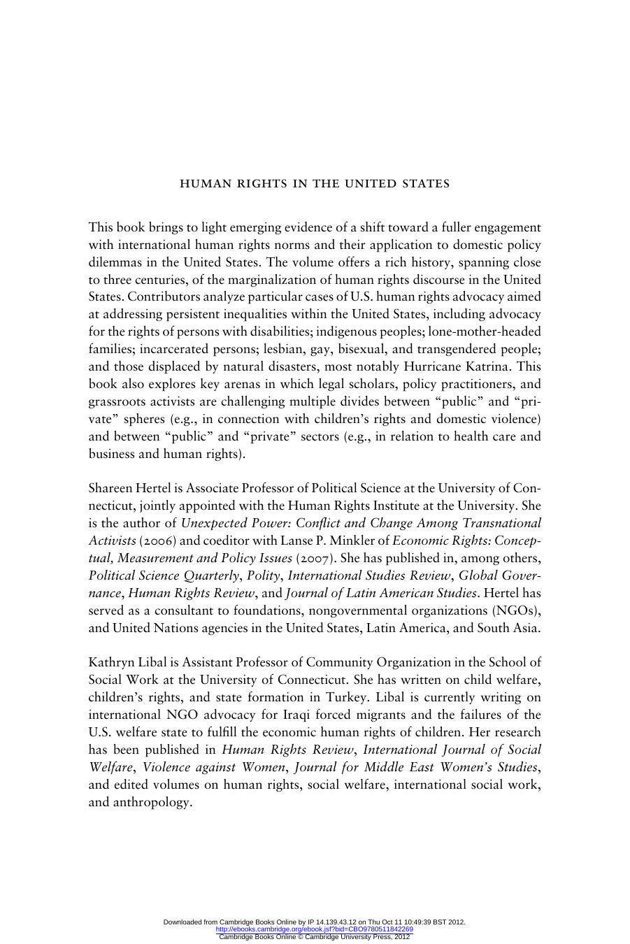 Human Rights in the United States: beyond exceptionalism by Shareen Hertel & Kathryn Libal