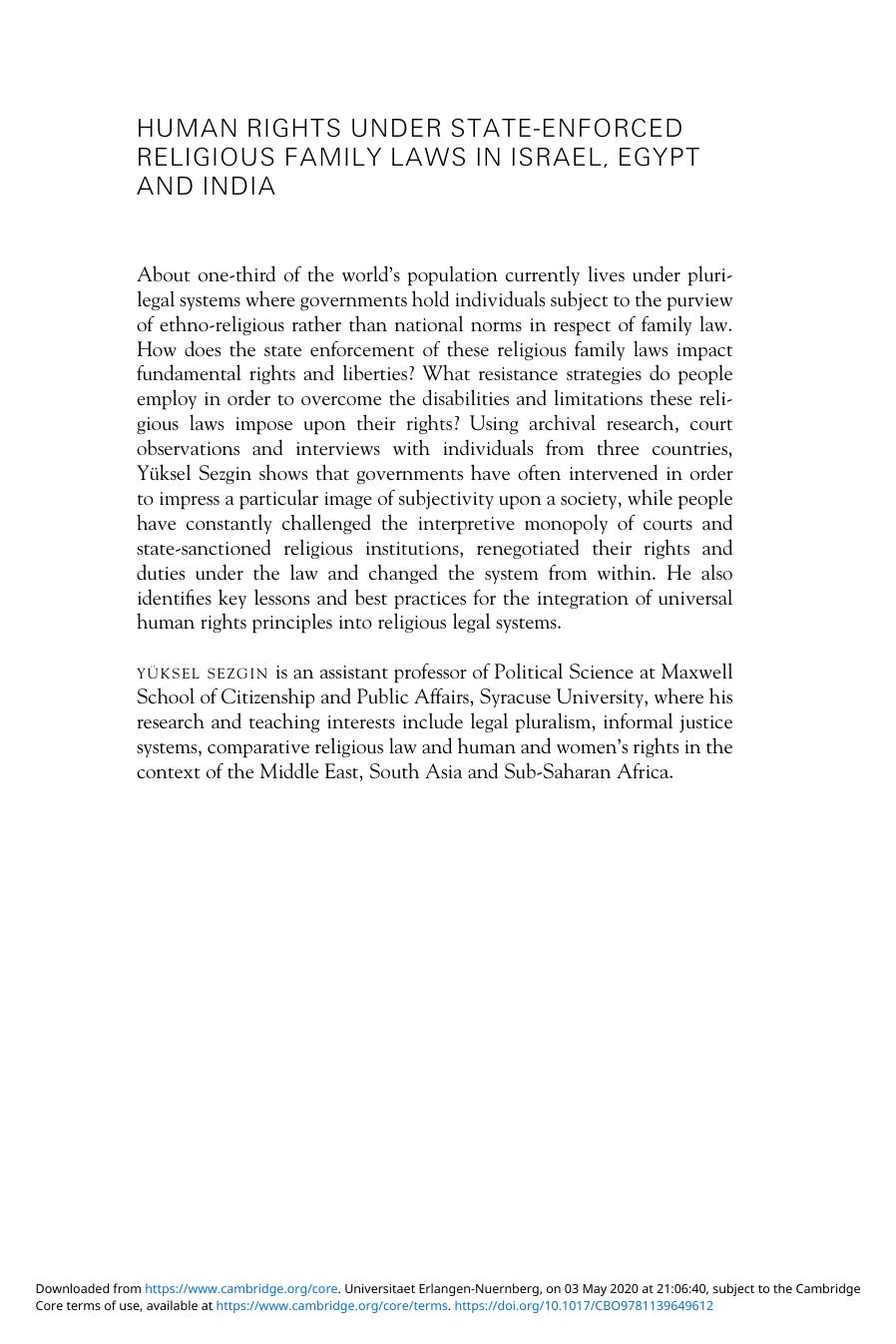 Human Rights under State-enforced Religious Family Laws in Israel, Egypt and India by Yüksel Sezgin